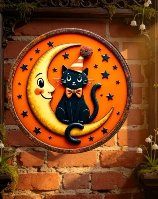Black Cat Moon Halloween Metal Wall Sign Round Witchy Gothic Decor 8 Inch 🐈‍⬛🌙