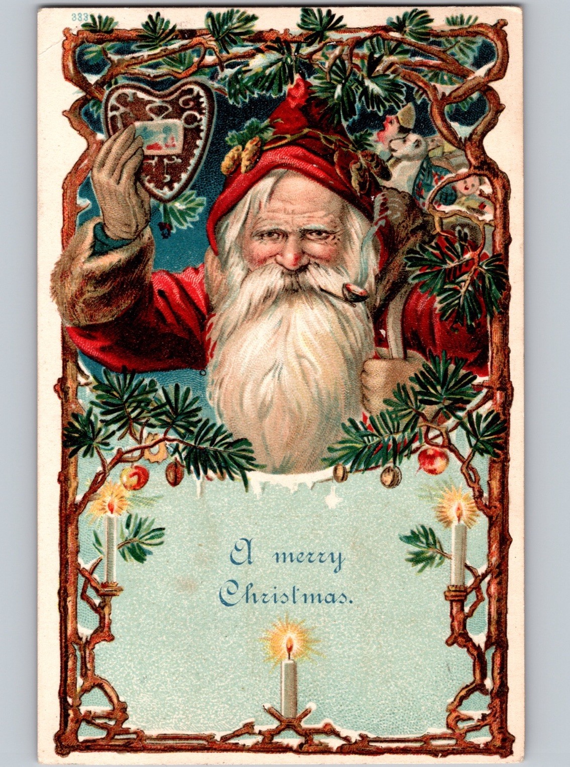c1907 A Merry Christmas Santa Claus Smoking Pipe St Nicholas Xmas Red Robe
