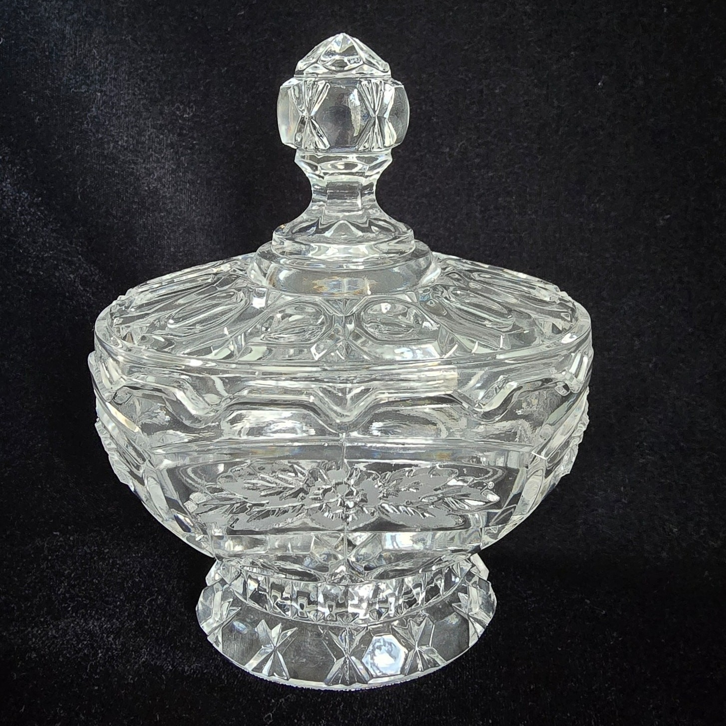 Vintage Covered Candy Dish Clear Glass Crystal Floral Thumb Print Cottagecore