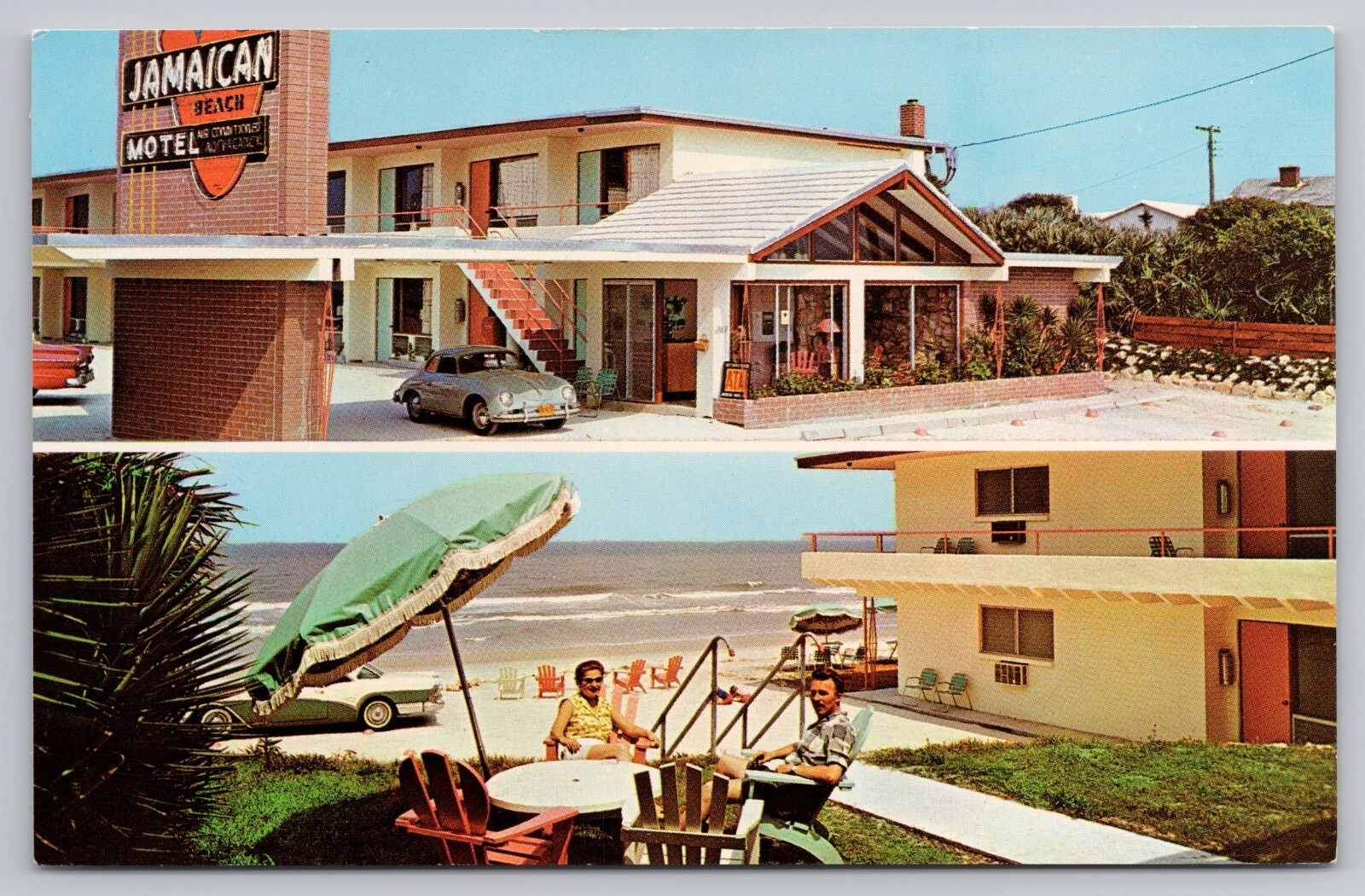 1950s Ormand Beach Fla  Jamaican Beach Motel and a Porsche 356 A  UNP Postcard