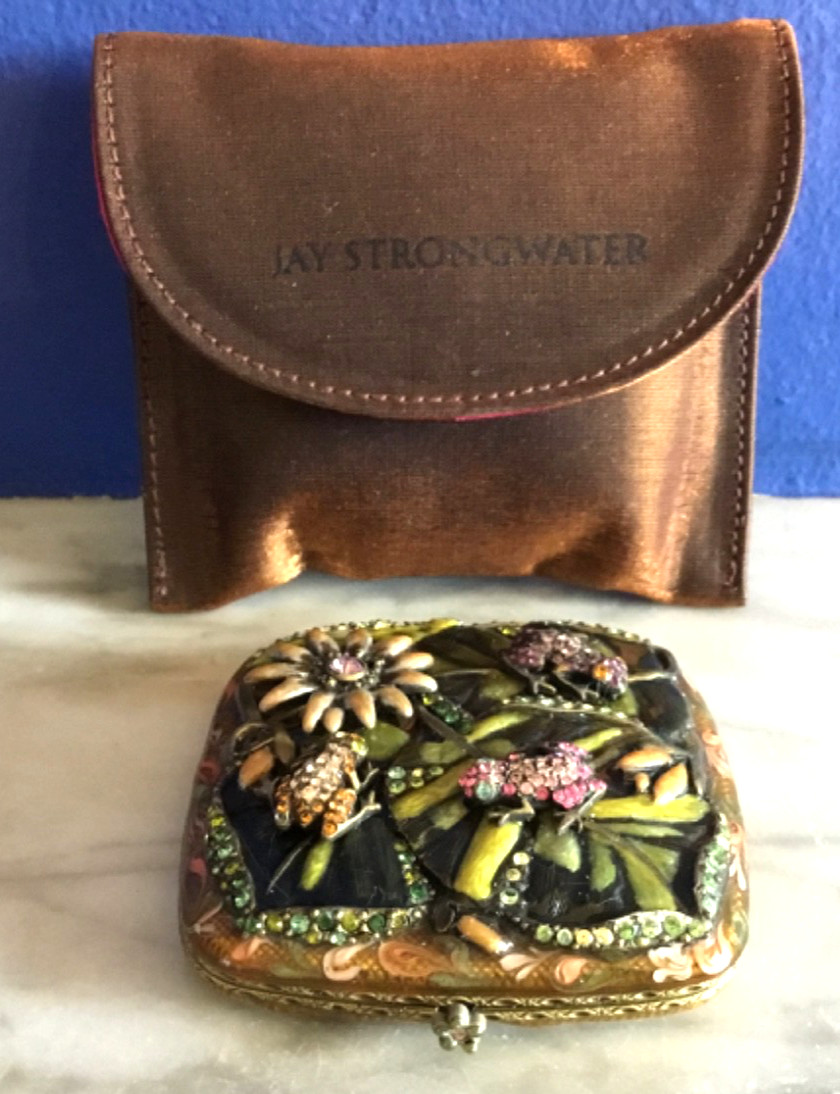 Stunning Jay Strongwater Enameled Swarovski Crystal Frog Compact Mirror W/ Case