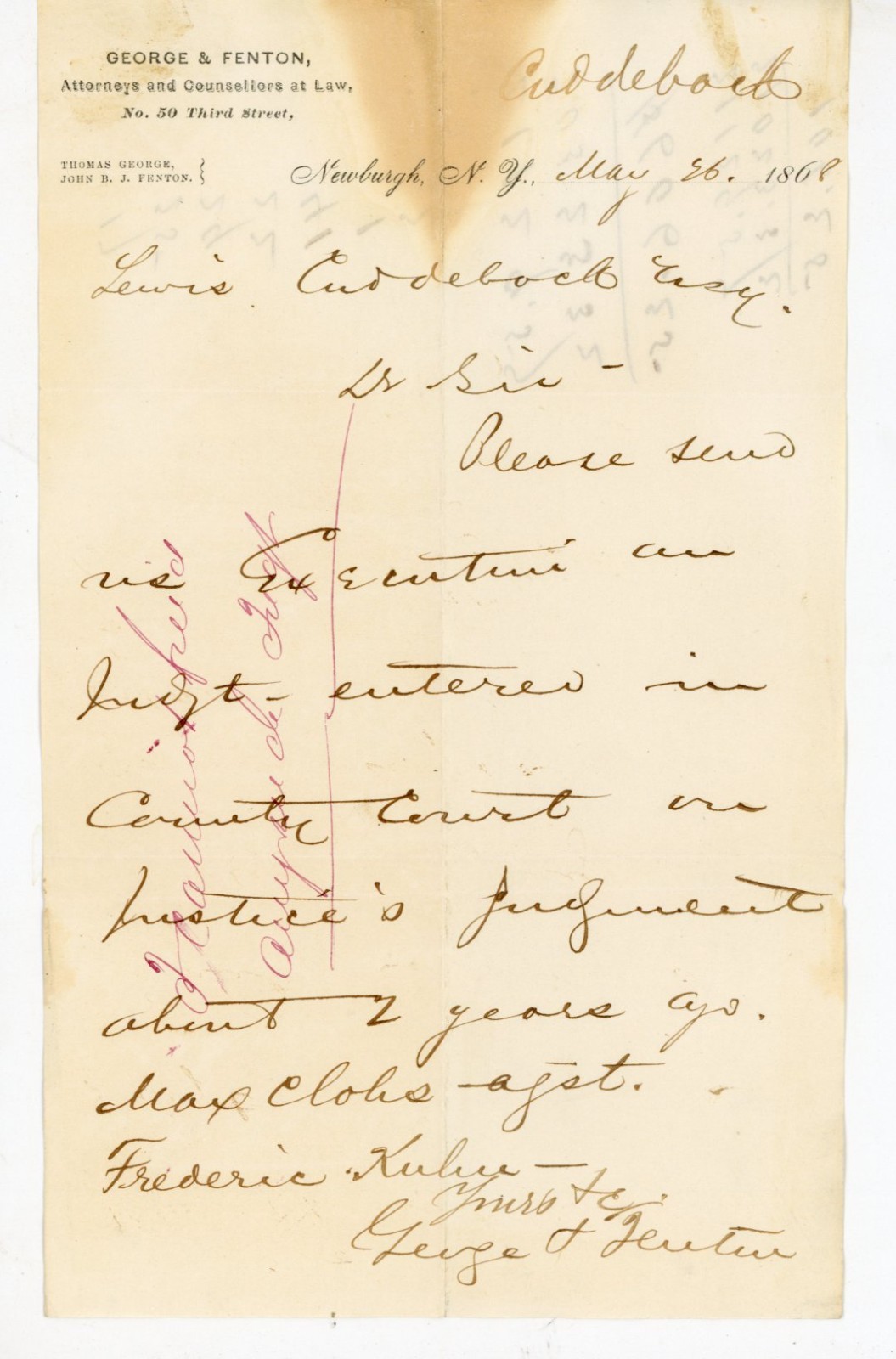 1868 Newburgh NY Legal Letter George & Fenton Attorneys to Lewis Cuddeback Law 1868 Newburgh NY Legal Letter George & Fenton Attorneys to Lewis Cuddeback Law