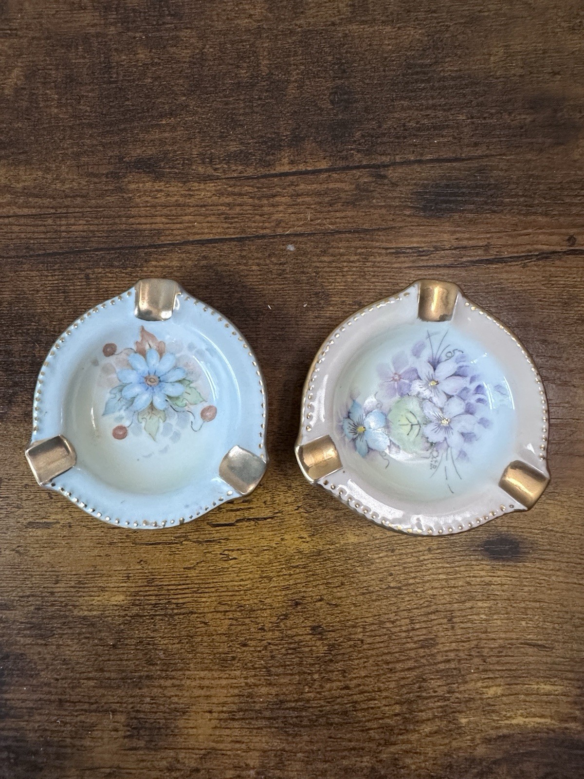 Vtg Hand Painted Porcelain Personal Ashtrays Set 2 Signed Cresswell Floral Gold