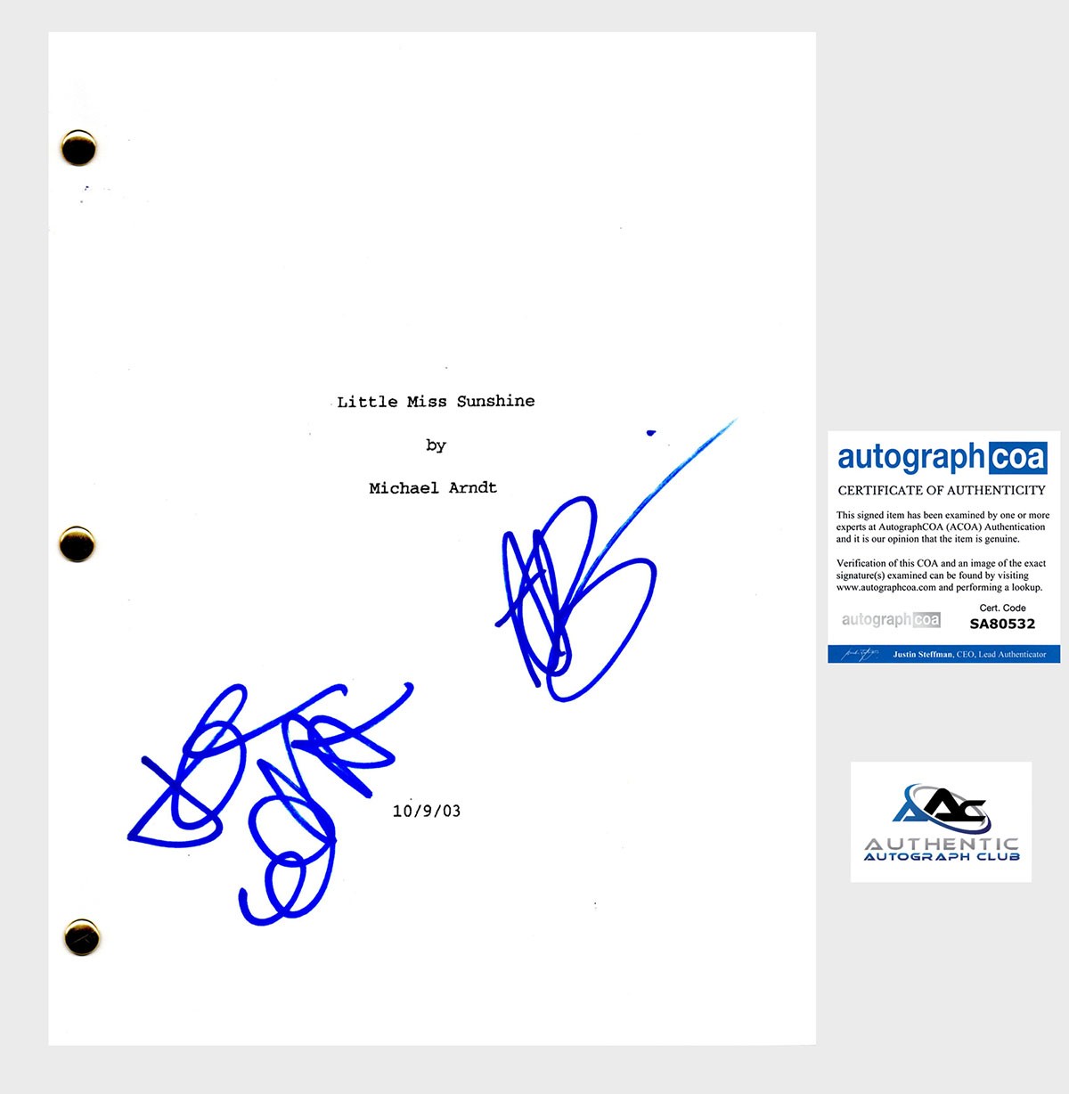 ABIGAIL BRESLIN TONI COLLETTE AUTOGRAPH SIGNED LITTLE MISS SUNSHINE SCRIPT ACOA