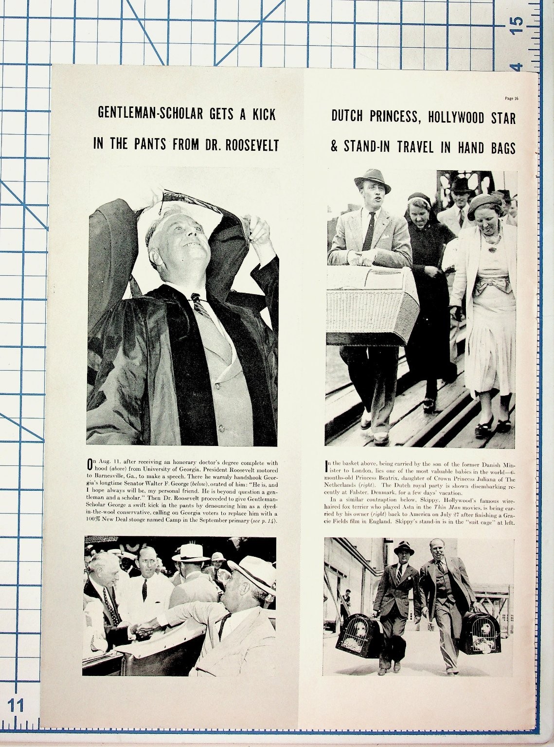 1930s FDR Roosevelt Kicks Senator George, Dutch Princess, Skippy Dog Article
