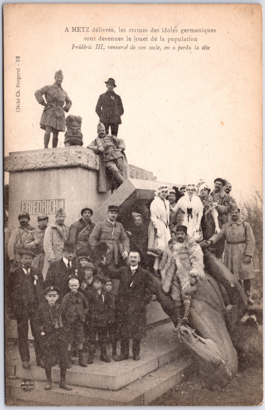 ANTIQUE METZ FRANCE TOPPLED FREDERICK III STATUE LIBERATION 1918 POSTCARD PO