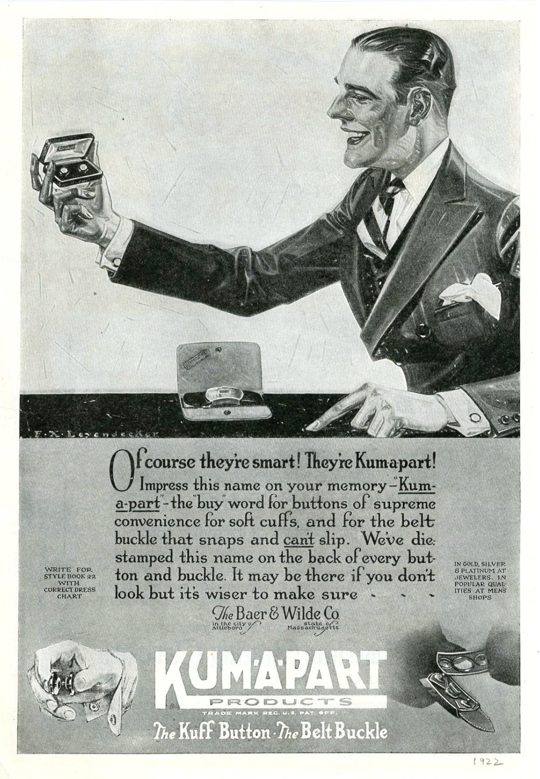 1922 Original Kum-A-Part Cuff Links & Belt Buckles Ad. F.X. Leyendecker Art 1922 Original Kum-A-Part Cuff Links & Belt Buckles Ad. F.X. Leyendecker Art