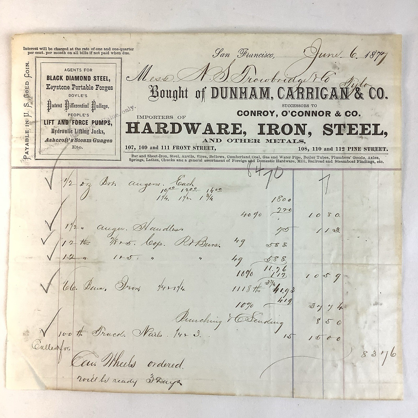 Antique Billhead Dunham Carrigan & Co. 1877 San Francisco Importers Of Hardware