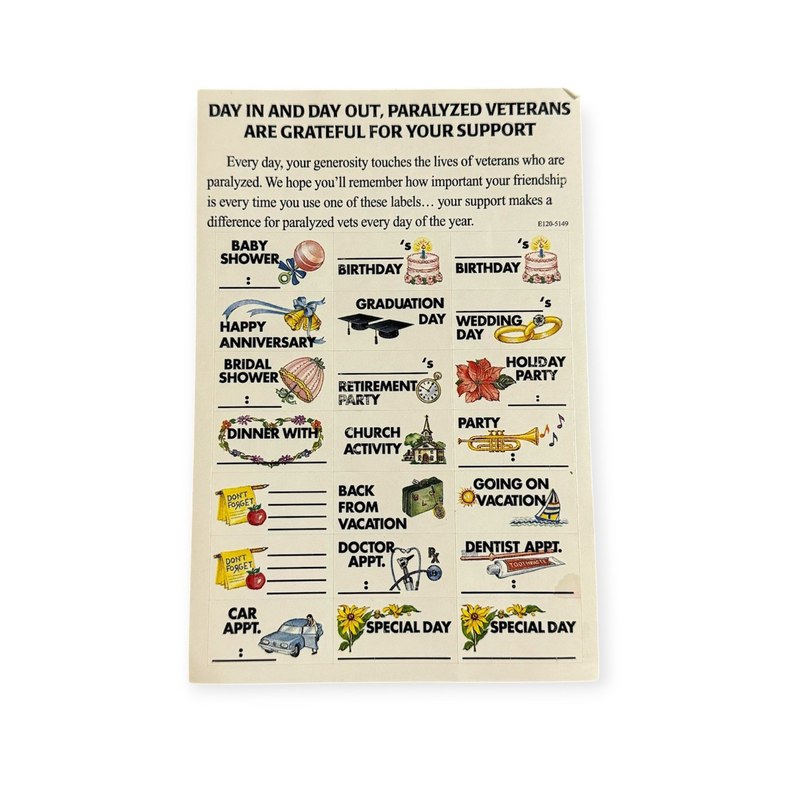 Vintage Paralyzed Veterans of America Datebook Sticker Sheet Calendar Labels