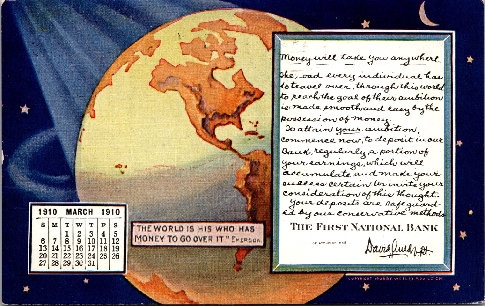 March 1910 Calendar World Globe Earth First National Bank Atchison, Kansas March 1910 Calendar World Globe Earth First National Bank Atchison, Kansas