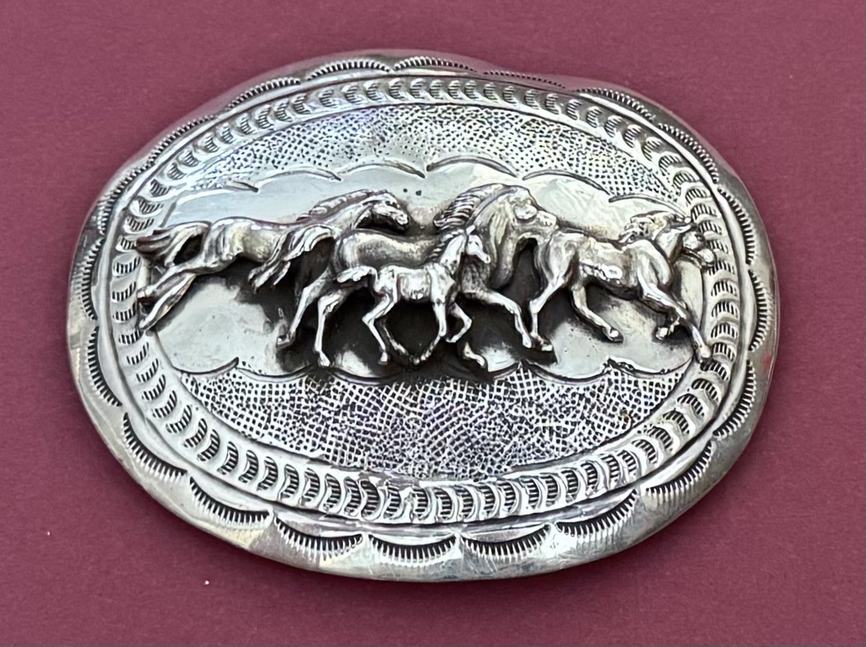 VTG Native Signed Carson B Blackgoat Sterling Silver Horse Herd Dome Belt Buckle