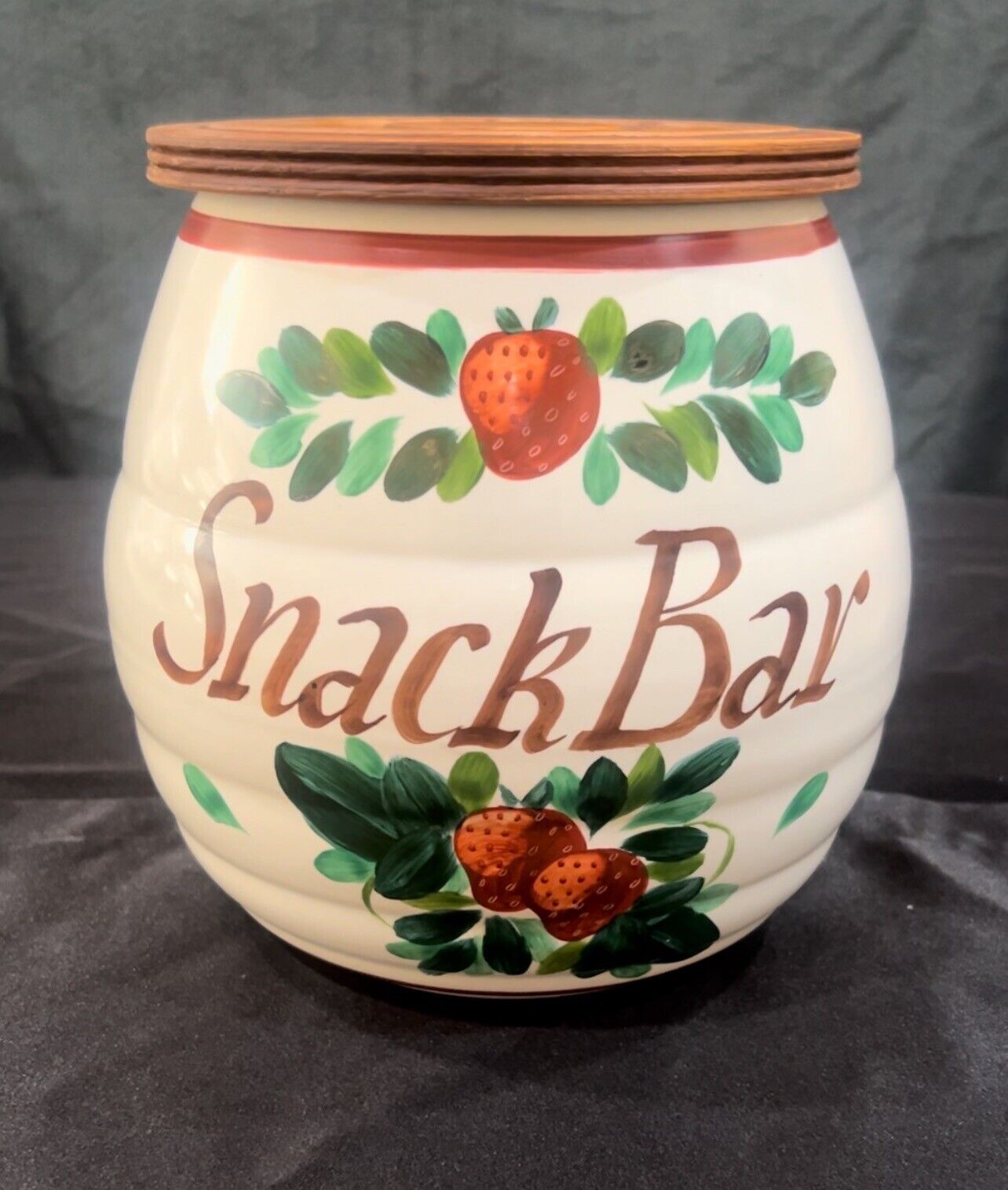 Vintage Bauer Pottery Large Snack Jar/Canister Painted Strawberry&Leaf Wood Lid