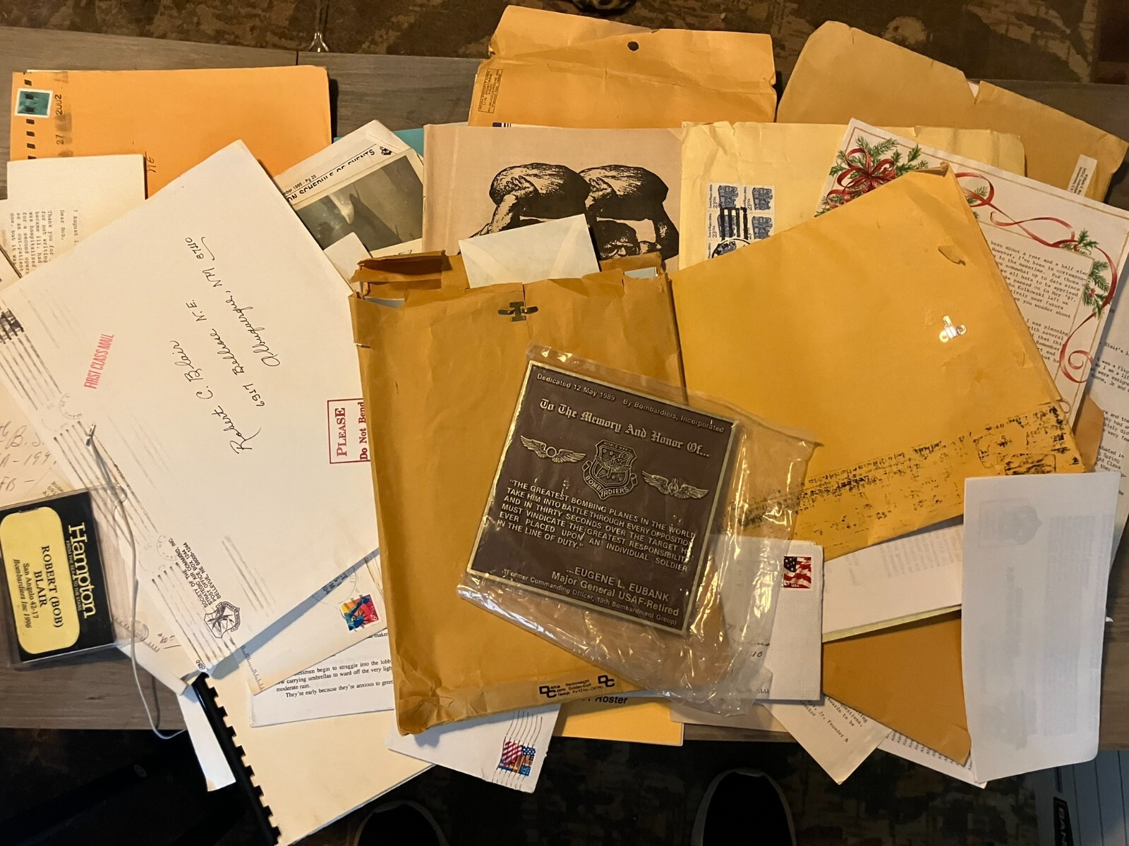 Lot of WWII Bombardiers Documents Photo Cards + Plaque Veterans Group