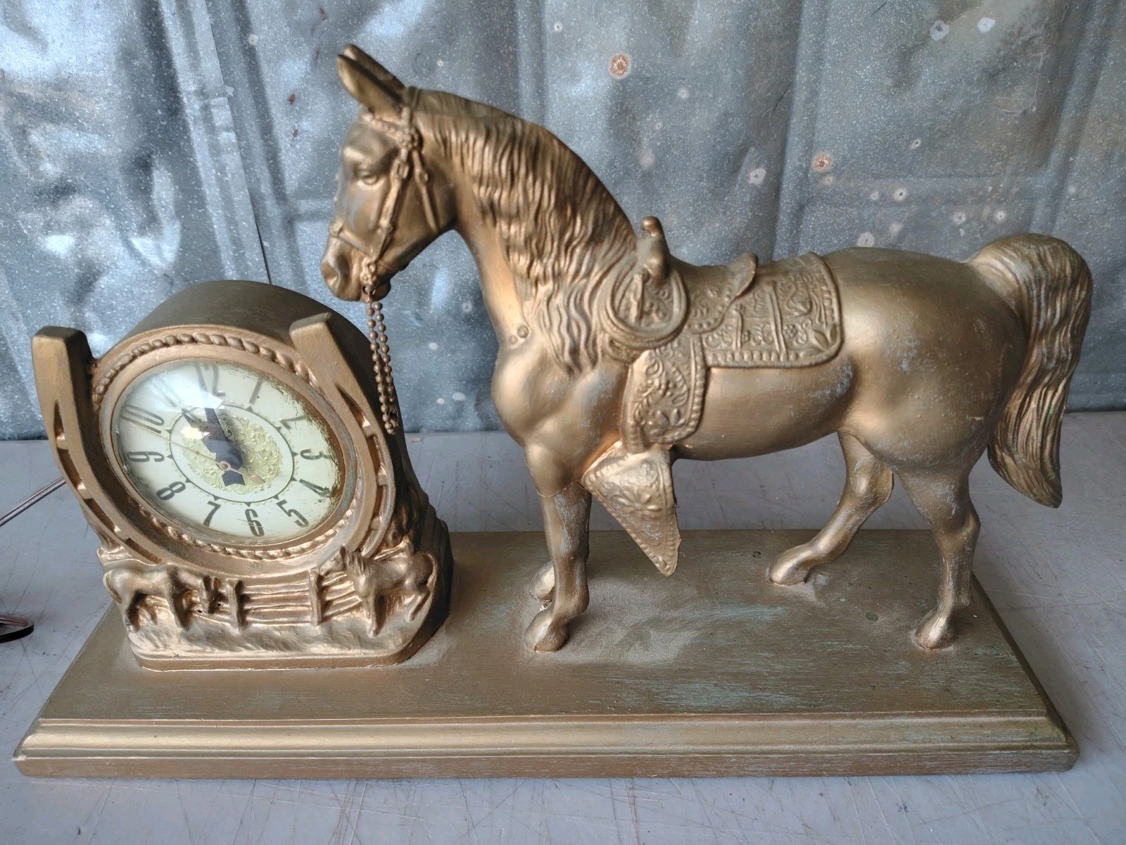 Vintage Lanshire Mantle Clock & Lamp Horse Figure Metal Electric 