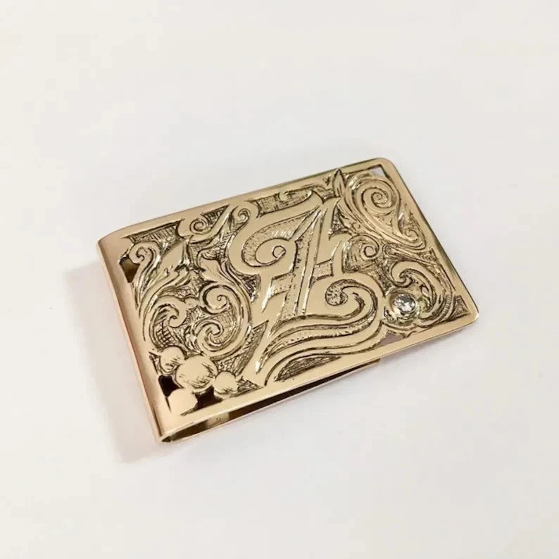 10K Yellow Gold Plated Round Diamond Accent Hand Engraved Initial Money Clip 1 P