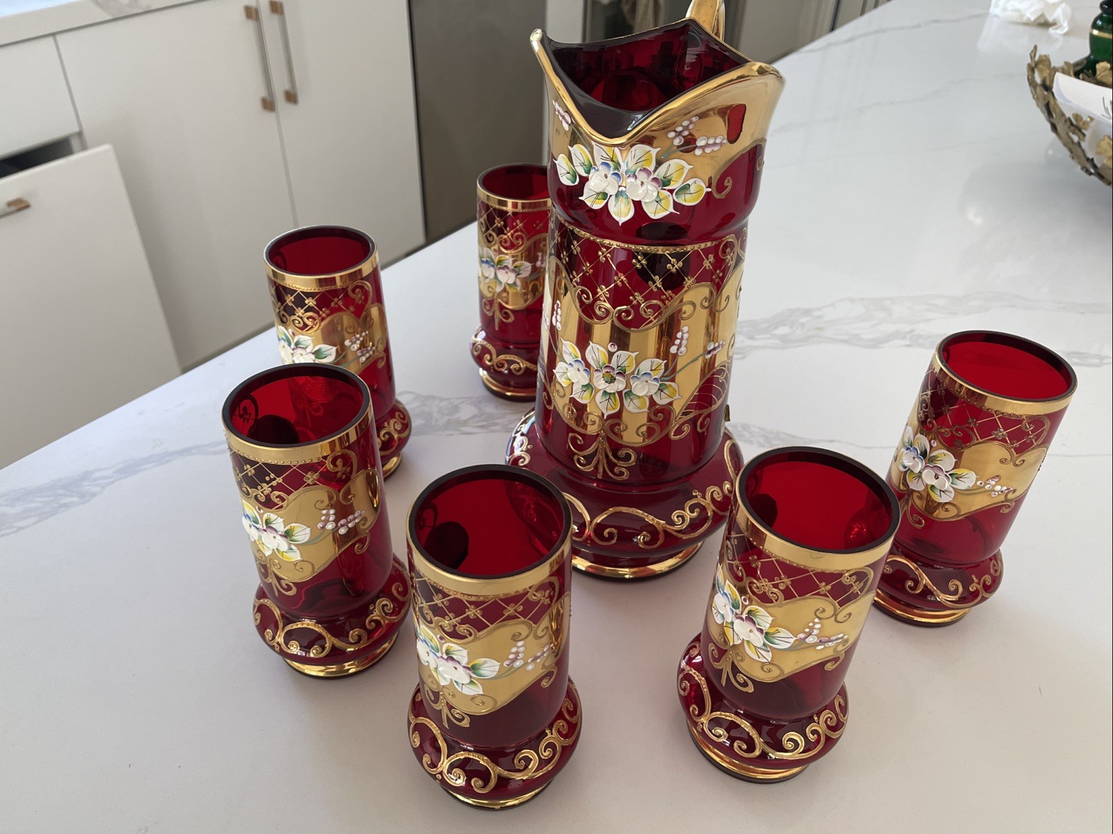 Czech Bohemian Glass 24K Gold Hand Enameled Floral Lemonade /Water Set- 7pc- New