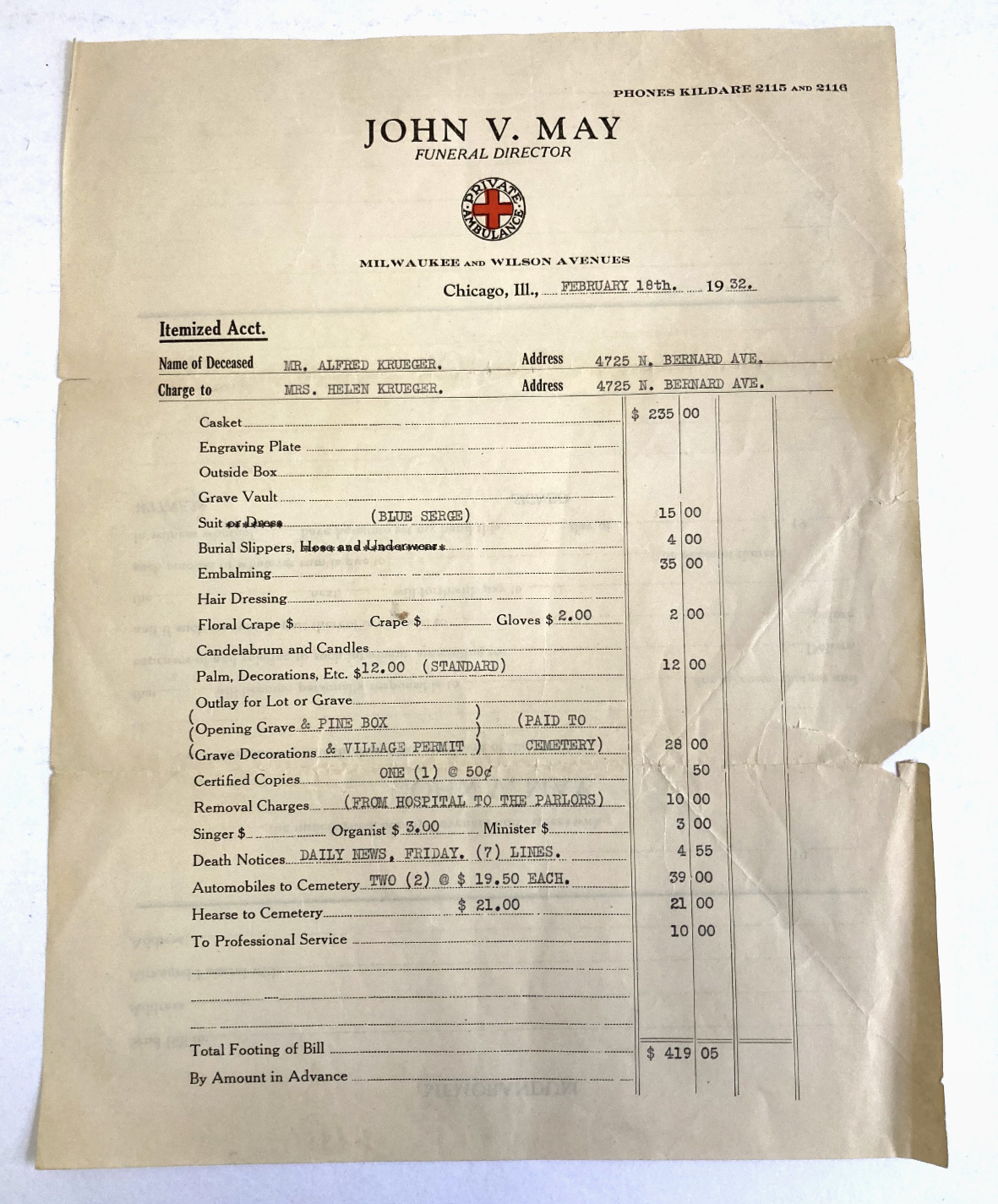 1932 Funeral Home Invoice Chicago Illinois Milwaukee Avenue John V May 30s