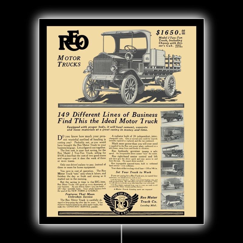 1914 REO Motor Trucks of Lansing Michigan NEW LED Hanging Lighted Sign: 18x23 1914 REO Motor Trucks of Lansing Michigan NEW LED Hanging Lighted Sign: 18x23