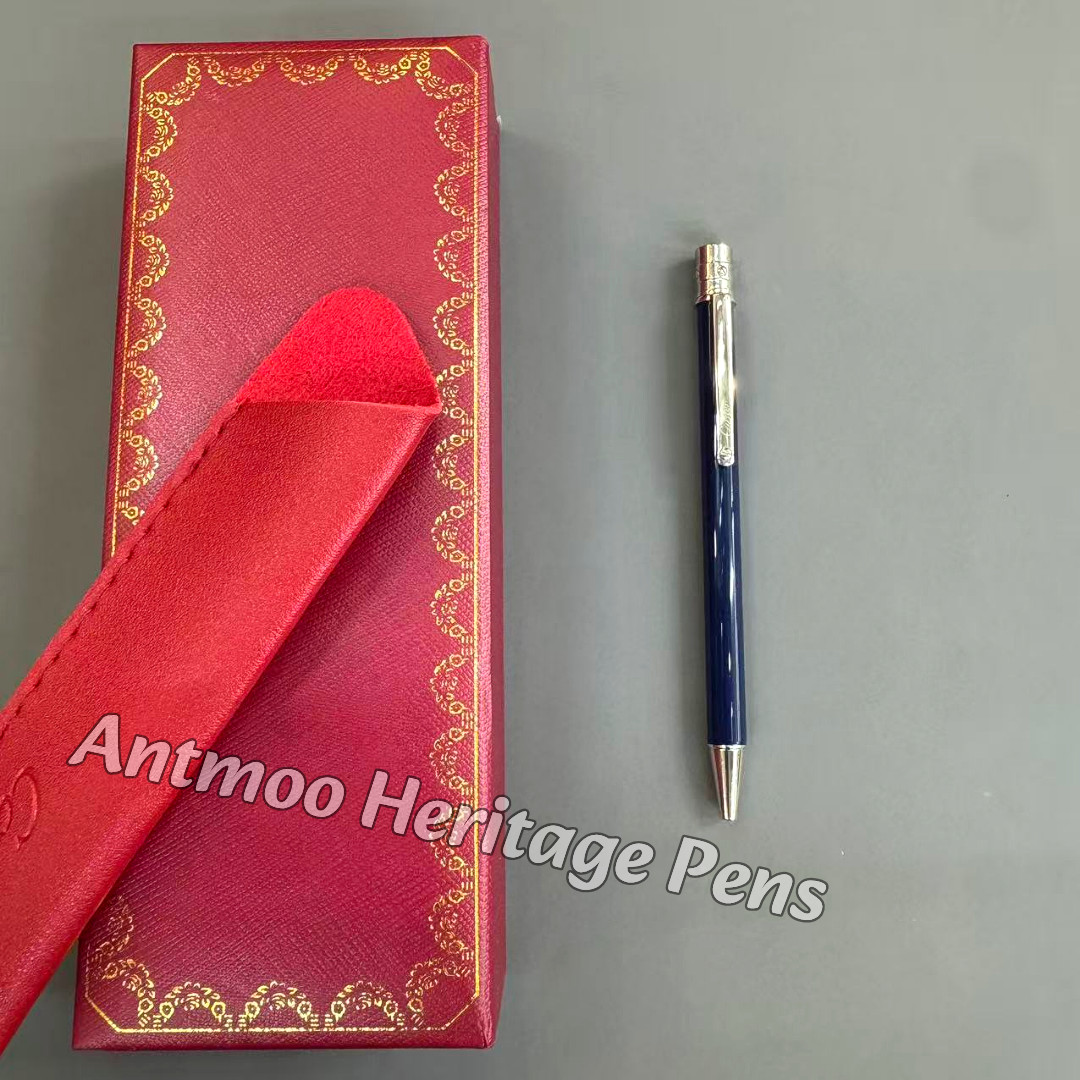 CARTIER Santos Navy Blue Lacquer Ballpoint Pen Silver Trim w/ Pouch Rare Gift