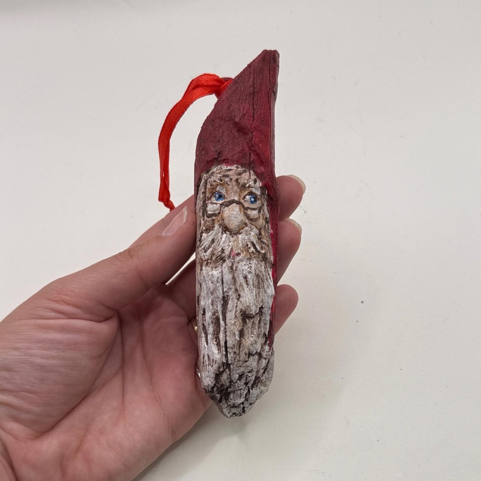 Vtg Handcrafted Painted Santa Wood Ornament Christmas Collectible Rustic Folk