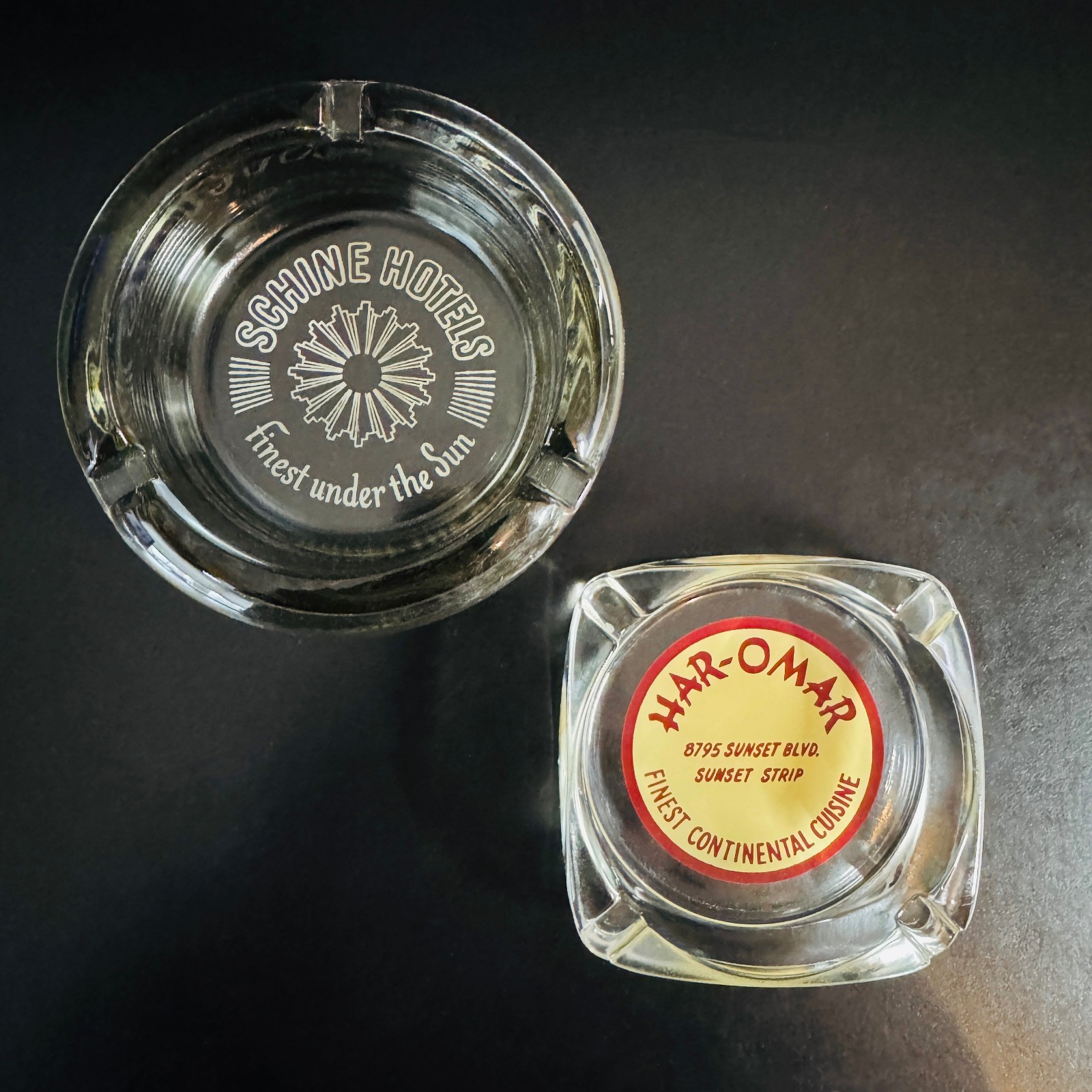 Vintage 50s Hollywood Sunset Strip Ashtrays Schine Hotels Ambassador + Har-Omar