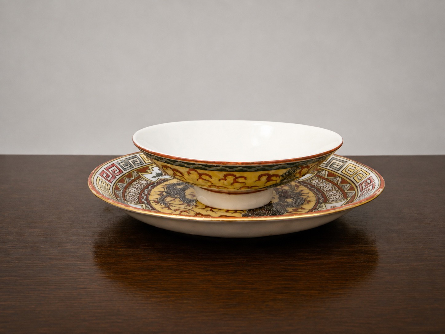 Vintage Yuet Tung China Works Dragon Tea Bowl & Saucer Hong Kong Hand Painted