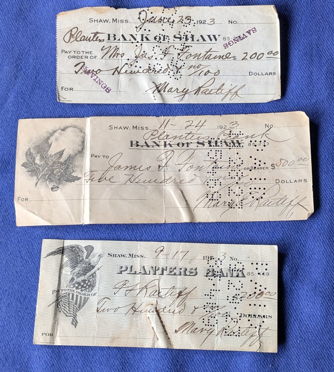 VTG 1923 SHAW MISSISSIPPI PLANTERS BANK OF SHAW CANCELLED CHECK LOT 3 COTTON BOL