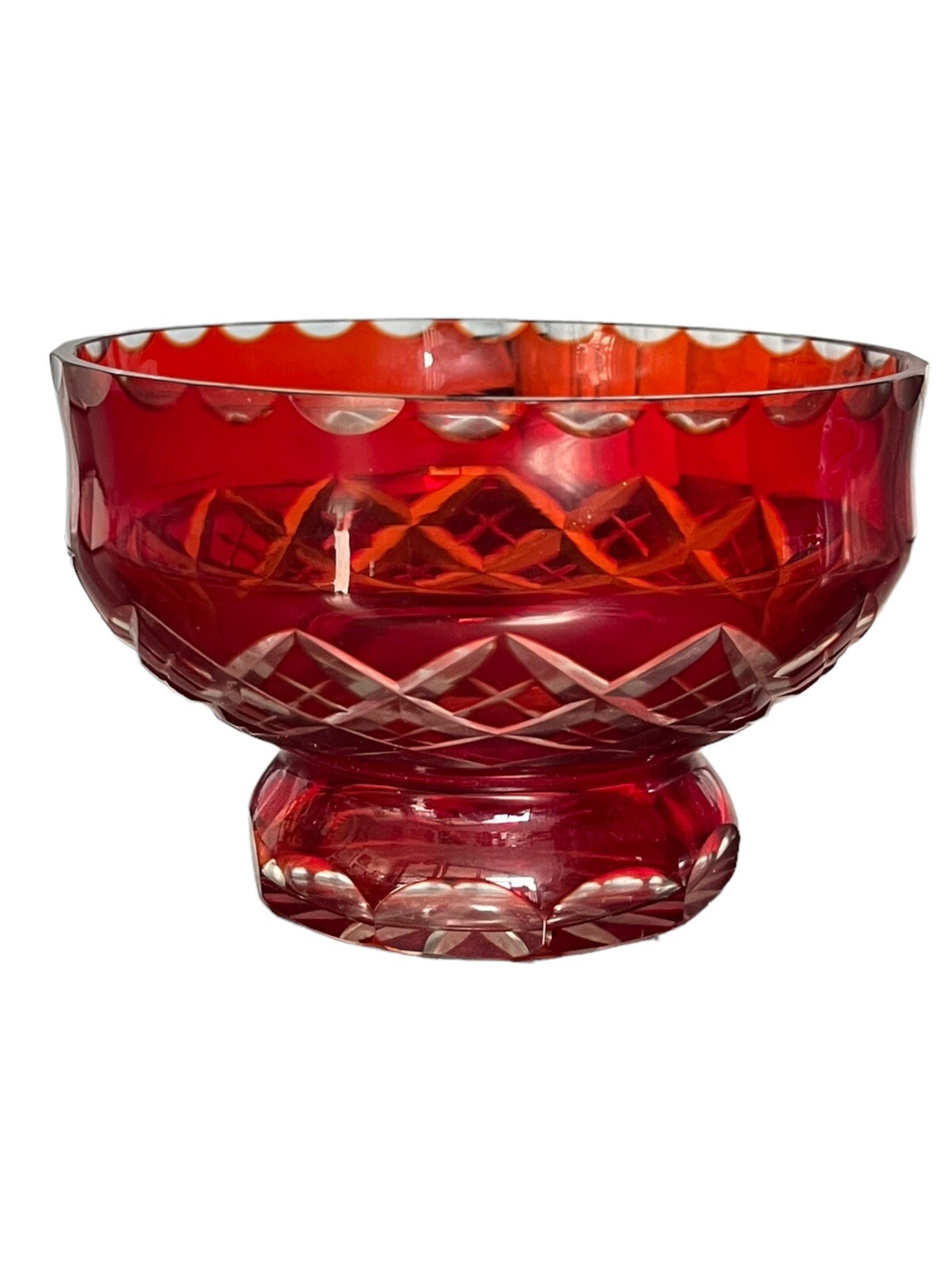 Bohemian Czech Ruby Red Cut-to-Clear Crystal Glass Footed Bowl Cut Glass 5\