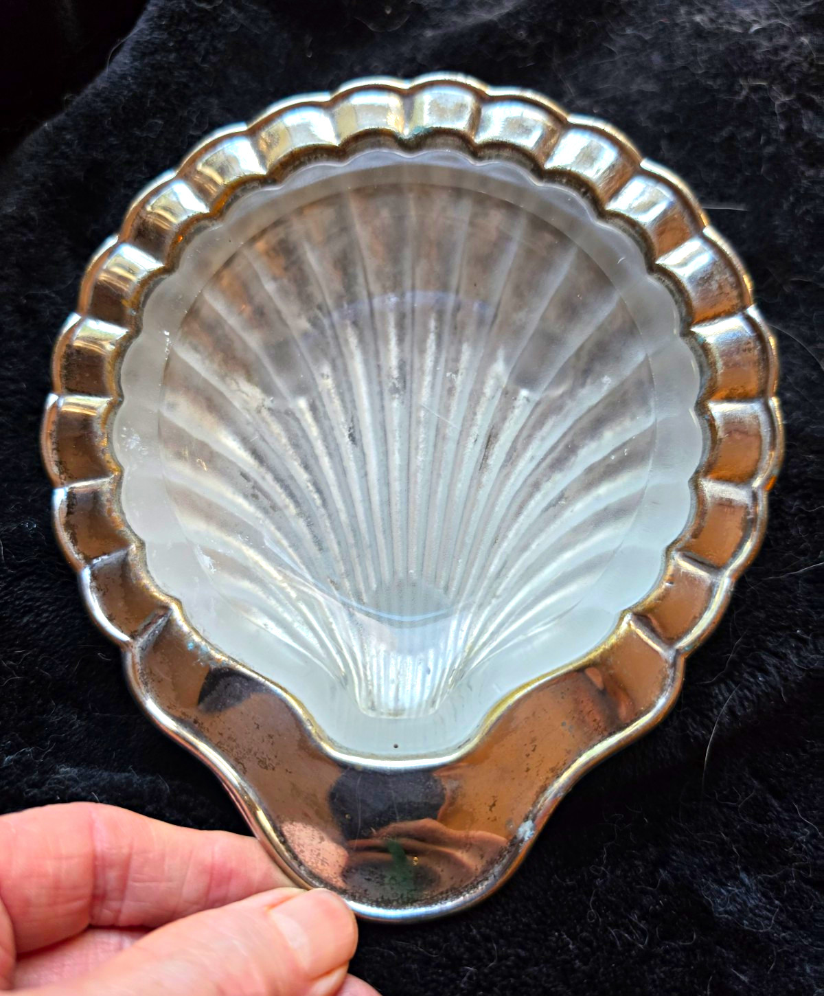 Silver Plated Scallop Shell Dish w/ Removable Frosted Glass Insert Silver Plated Scallop Shell Dish w/ Removable Frosted Glass Insert