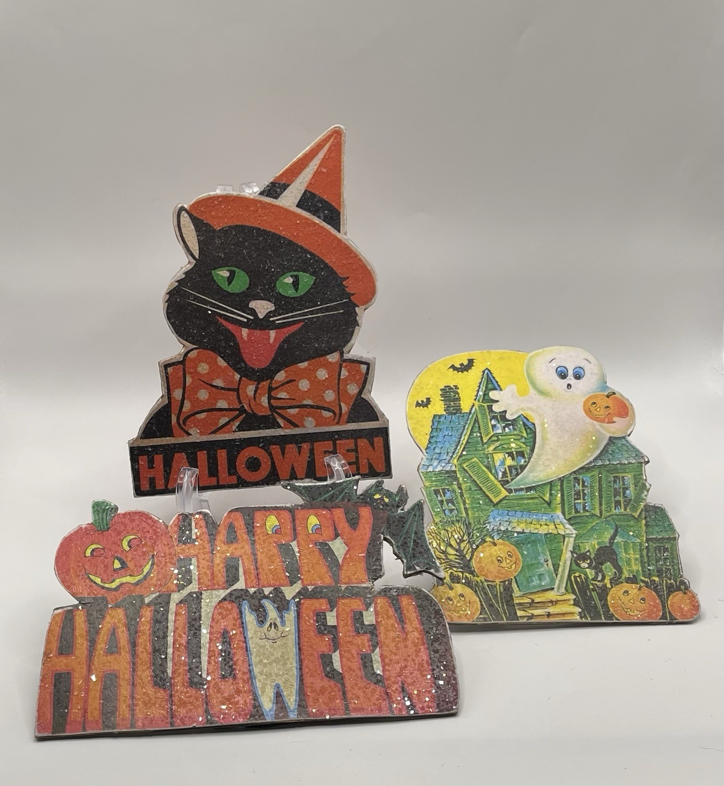Halloween Standees Vintage Style Tabletop Lot of 3 Retro Easel Backs Sparkle New