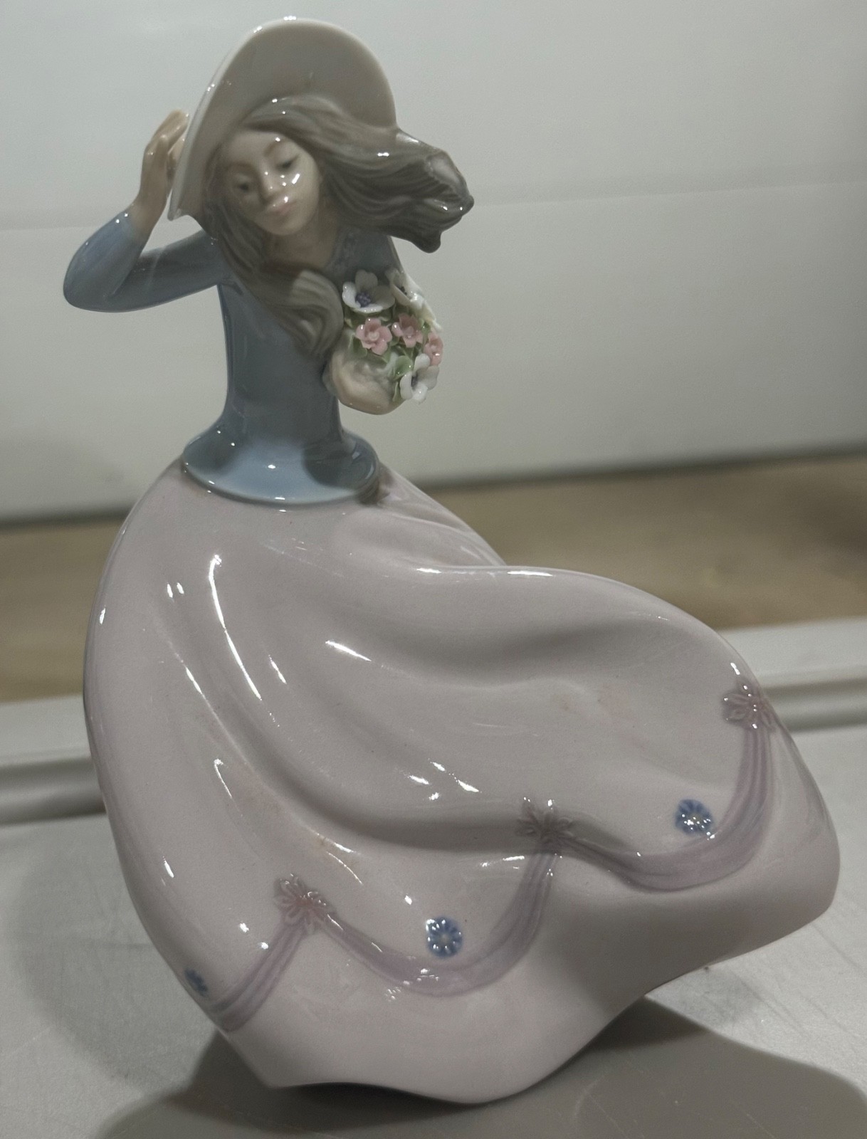 Vintage Lladro Blustery Day Figurine, girl wind flowers, 5588, repaired
