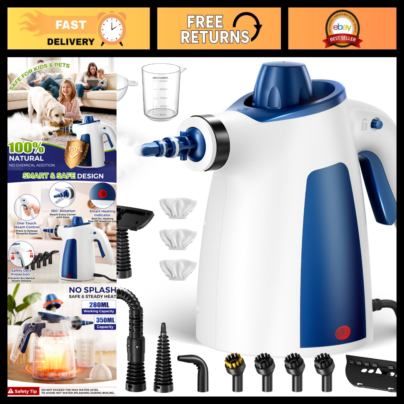 Pressurized Handheld Steam Cleaner, 230°F Steam with 14 Accessories