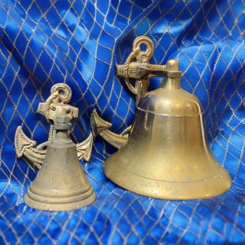 Vintage Solid Brass Pair Of Nautical Bells Chimes Wall Hung