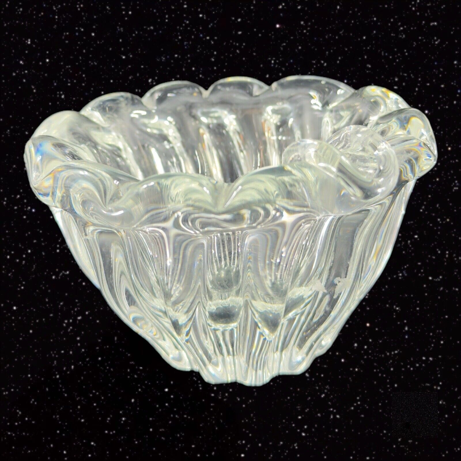 Vintage Czech Clear Thick Heavy Bowl Dish Ashtray Bohemian Ruffled Edges Glass