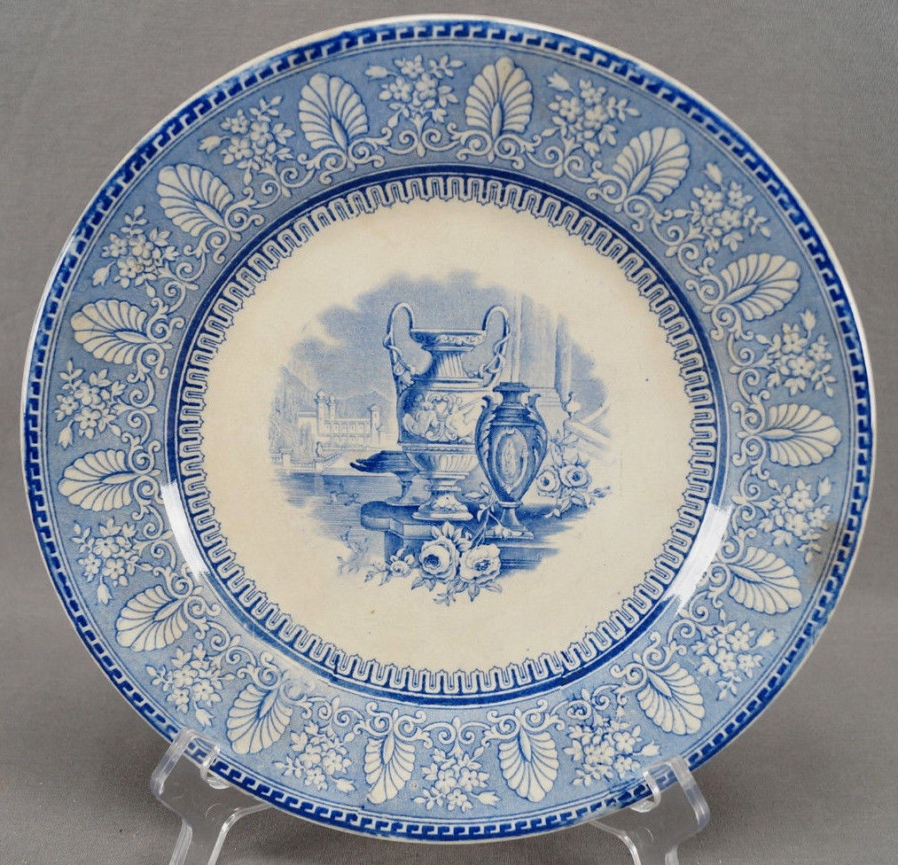 British JG Versailles Pattern Blue Transferware 9 7/8 Inch Plate C. 1840-1850s E British JG Versailles Pattern Blue Transferware 9 7/8 Inch Plate C. 1840-1850s E