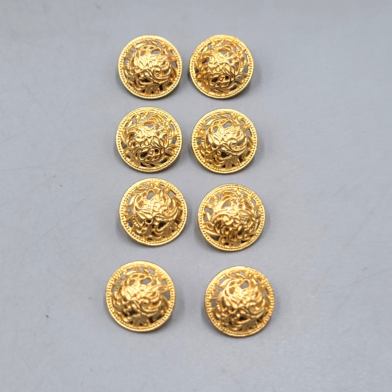 Set of 8 Vintage Gold Tone Filigree Round Dome Shank Buttons Open Work 1/2