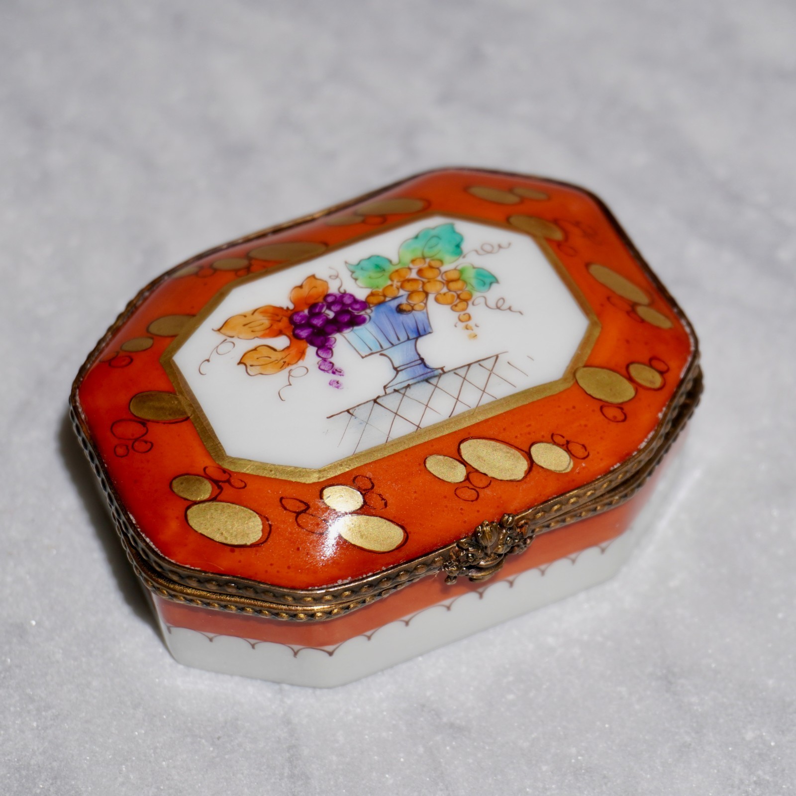 Bernardaud Limoges Trinket Box, Hand Painted Fruit Basket Motif, Peint Main