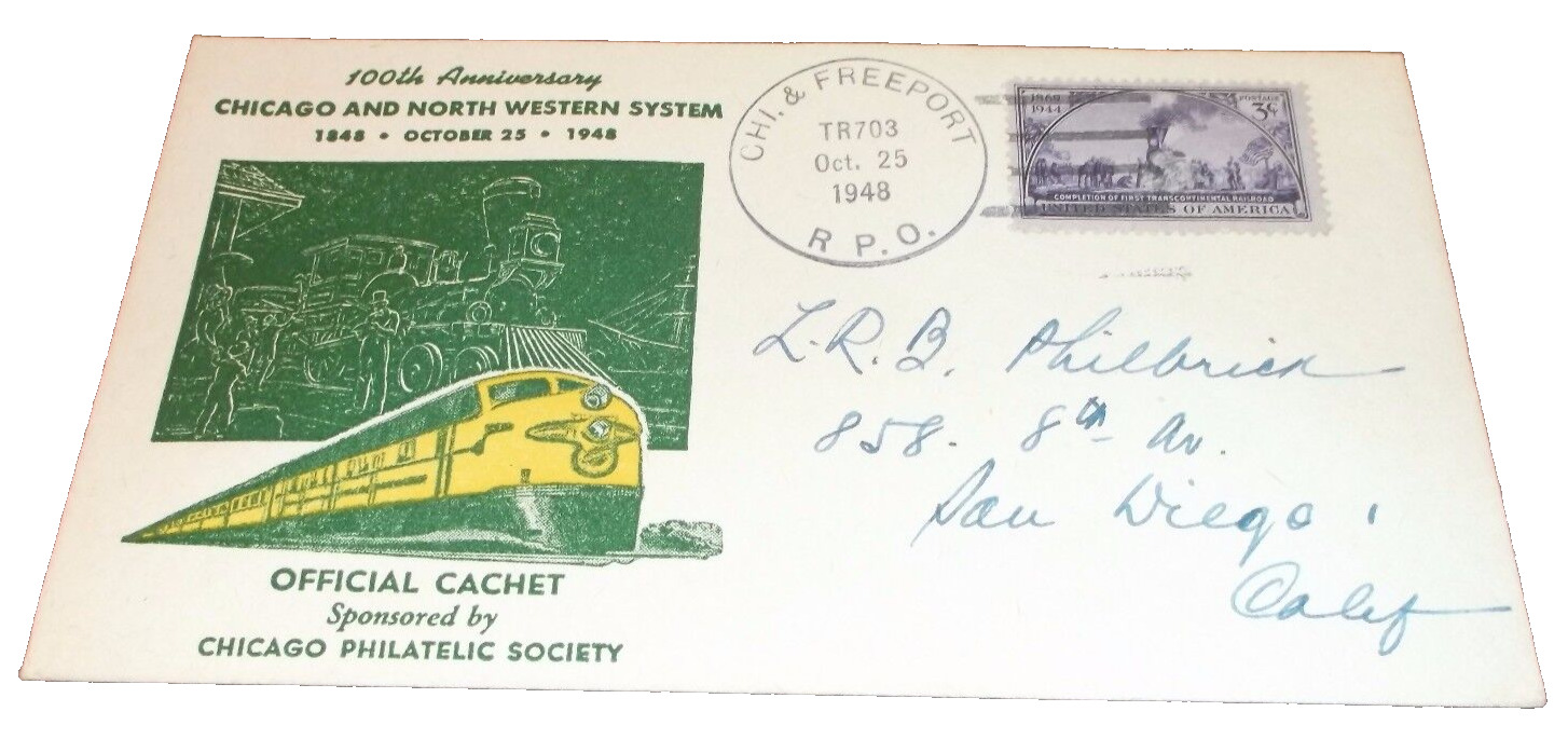 OCTOBER 1948 C&NW RAILWAY 100th ANNIVERSARY ENVELOPE WITH SPECIAL CACHET G