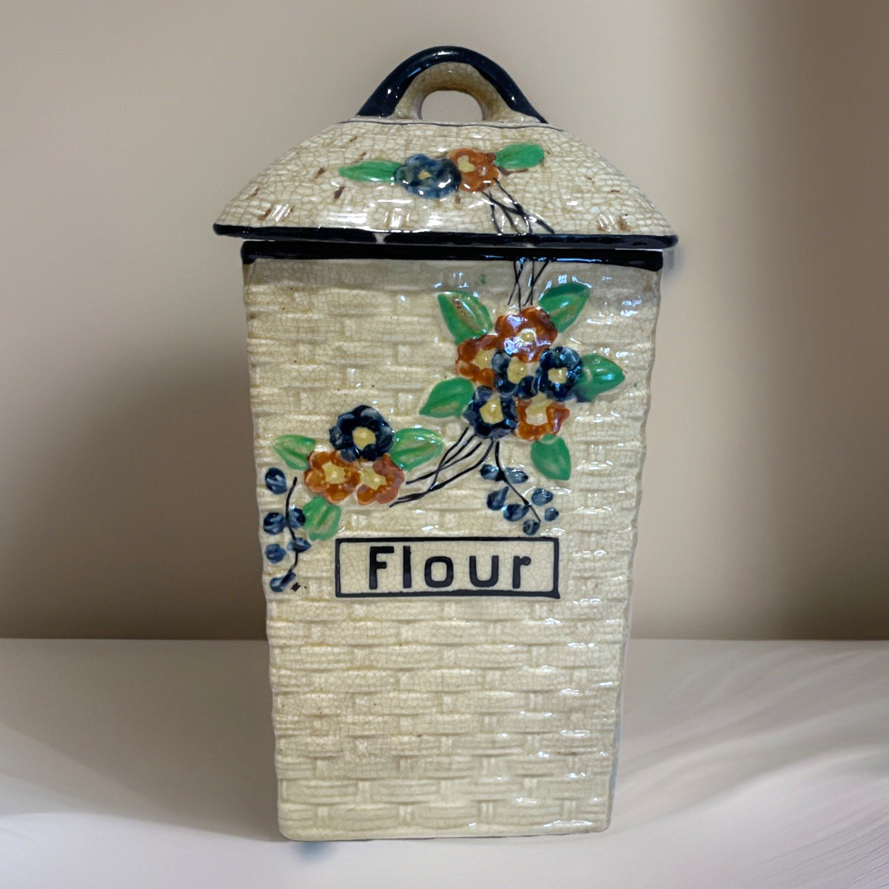 Antique Hotta Yu Shoten Basketweave Flour Canister Majolica Blossom Japan 1920s