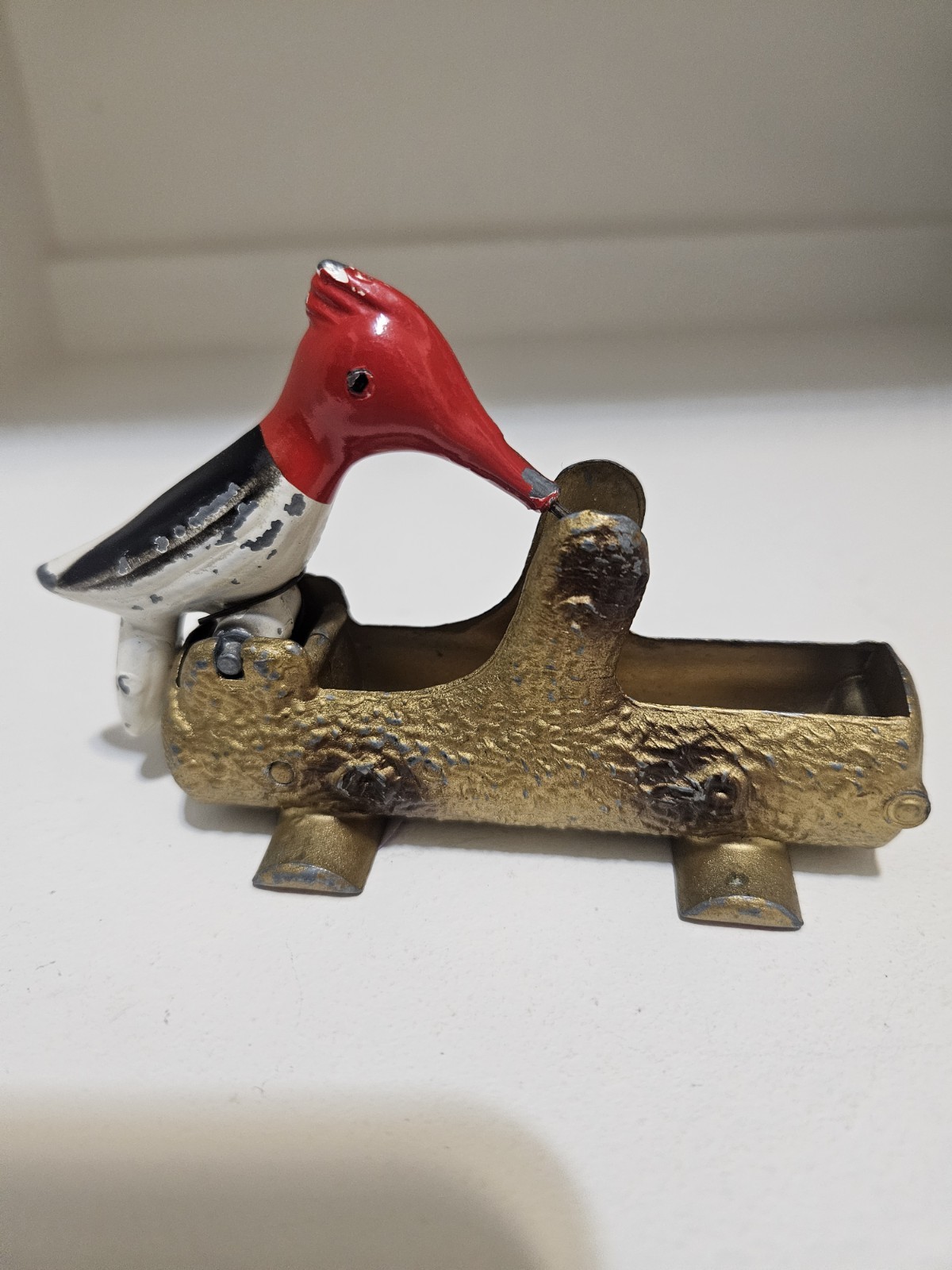 Vintage 1950s Woodpecker on Log Metal Cast Iron Toothpick Holder Dispenser Works
