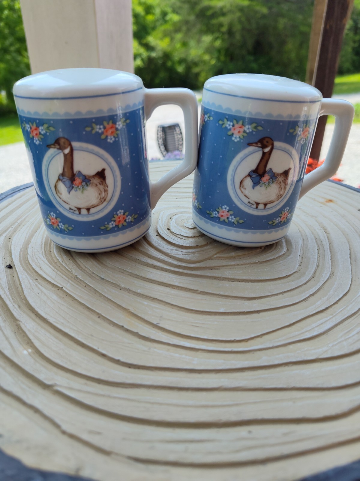 Vintage 1985 Country Goose Geese Floral Blue Ribbon Salt And Pepper Shaker Set Vintage 1985 Country Goose Geese Floral Blue Ribbon Salt And Pepper Shaker Set
