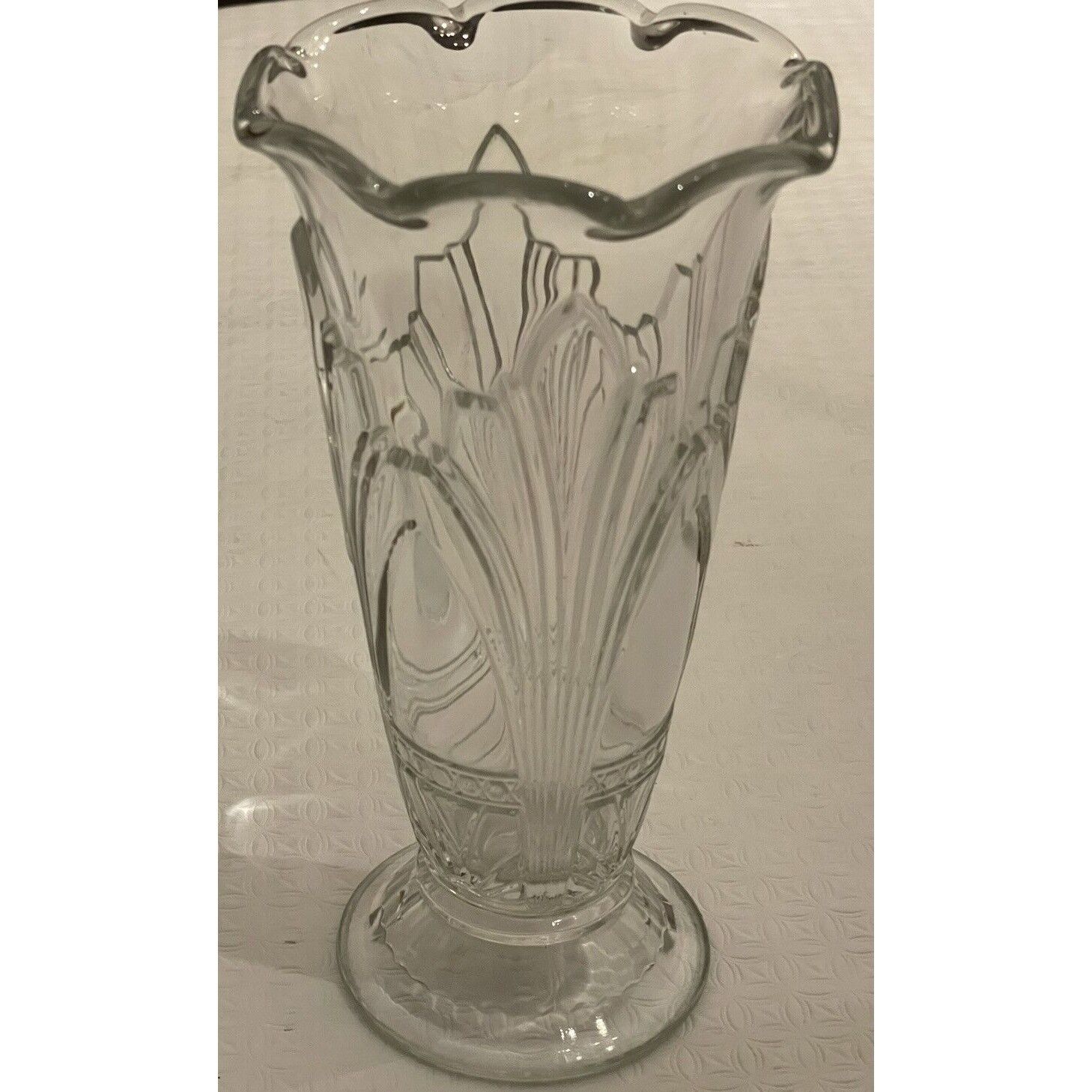 Art Deco Glass Vase Ruffled Top Anthemion Fans Flowers Clear Floral Flared