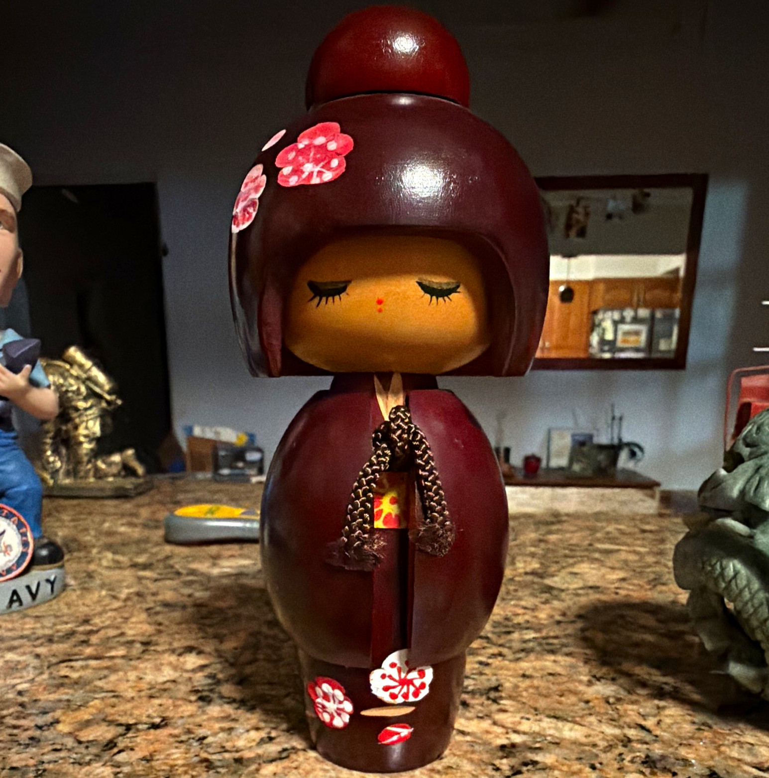Japanese Kokeshi Wooden Doll Maroon/Burgundy Floral Cherry Blossom Design