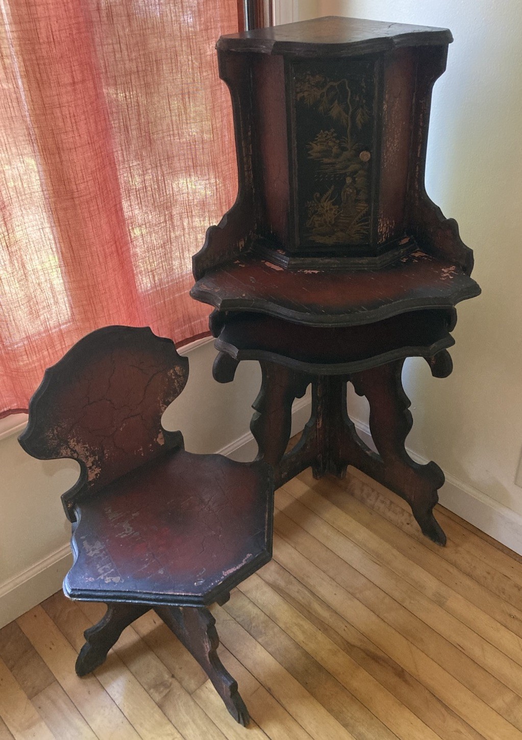Antique Telephone Table With Chair Smokers Cabinet Hand Painted Asian Scene 45\ Antique Telephone Table With Chair Smokers Cabinet Hand Painted Asian Scene 45\