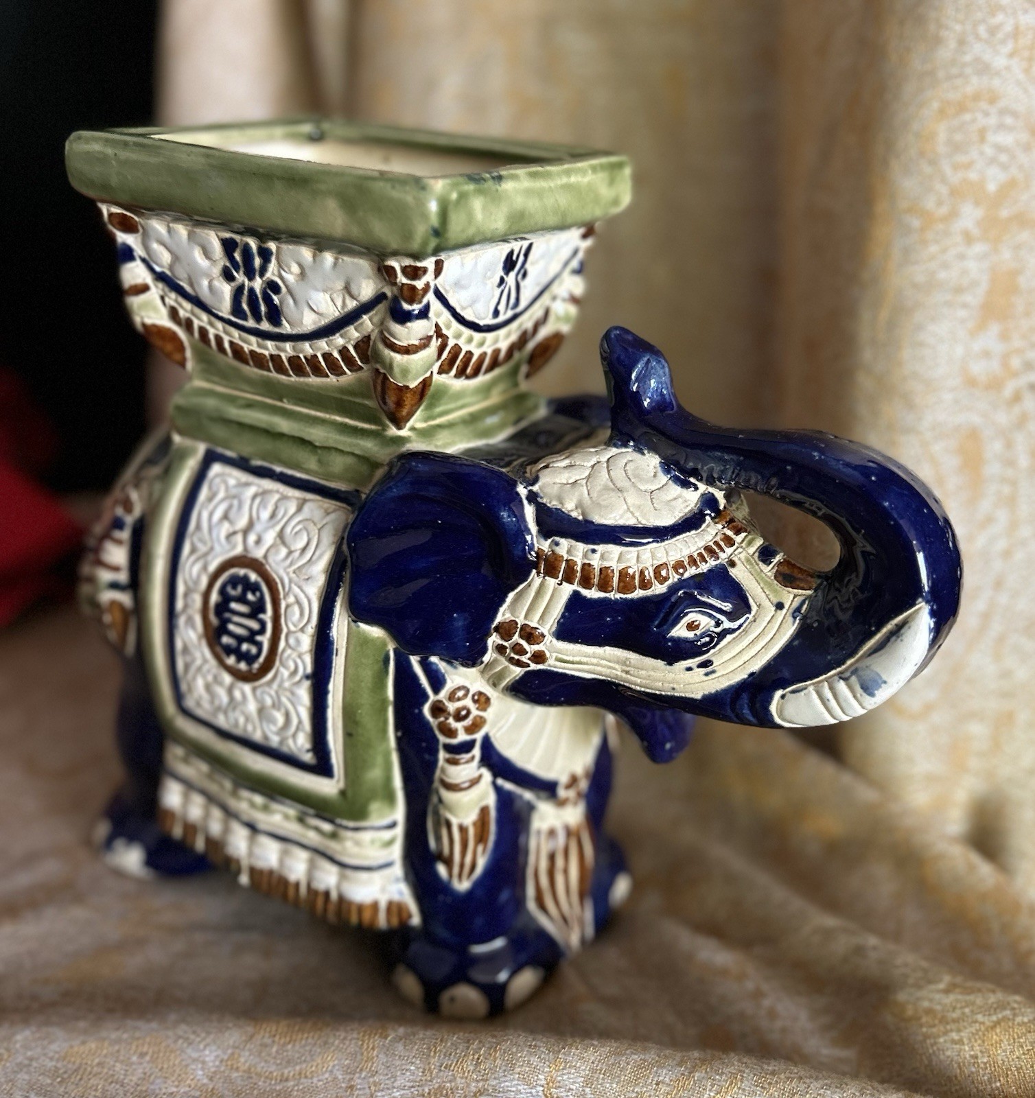 Vintage Heavy Large Ceramic Elephant Planter Blue White Gold Pot 9in x 10in