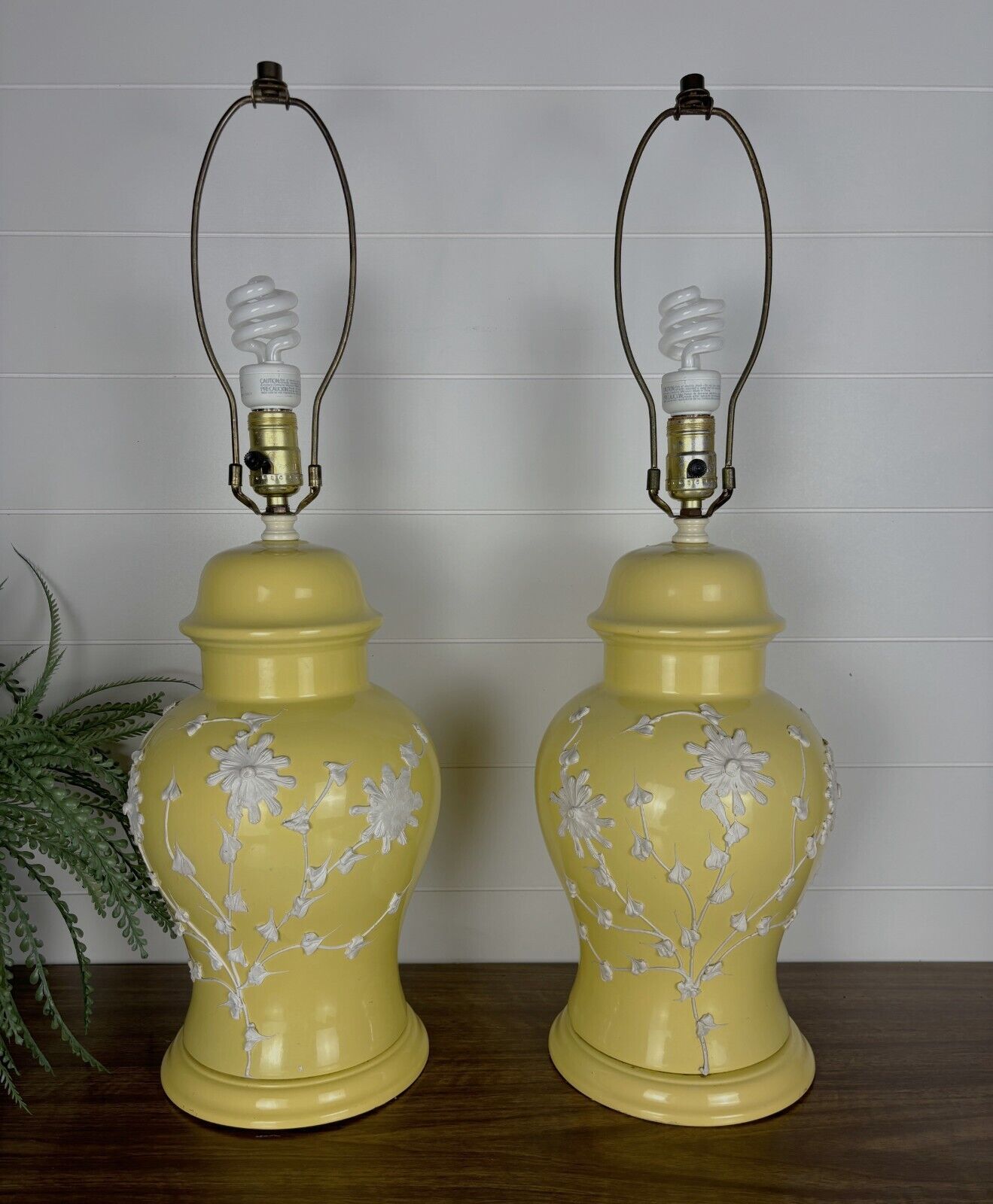 Vintage Pair Yellow Asian Table Lamps Ginger Jar Chinoiserie Urn Flowers 27