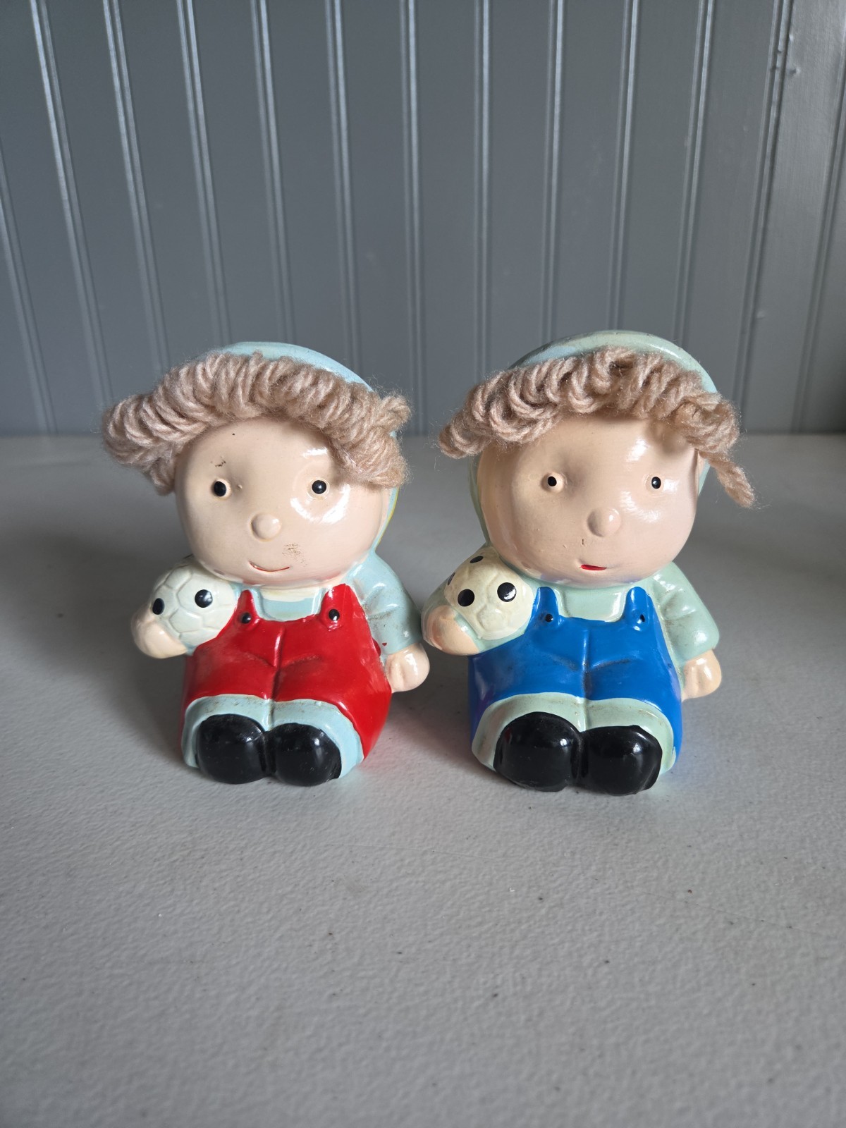 Vintage Ceramic Boy Pair Overalls Yarn Hair Holding Soccer/Football Piggy Banks