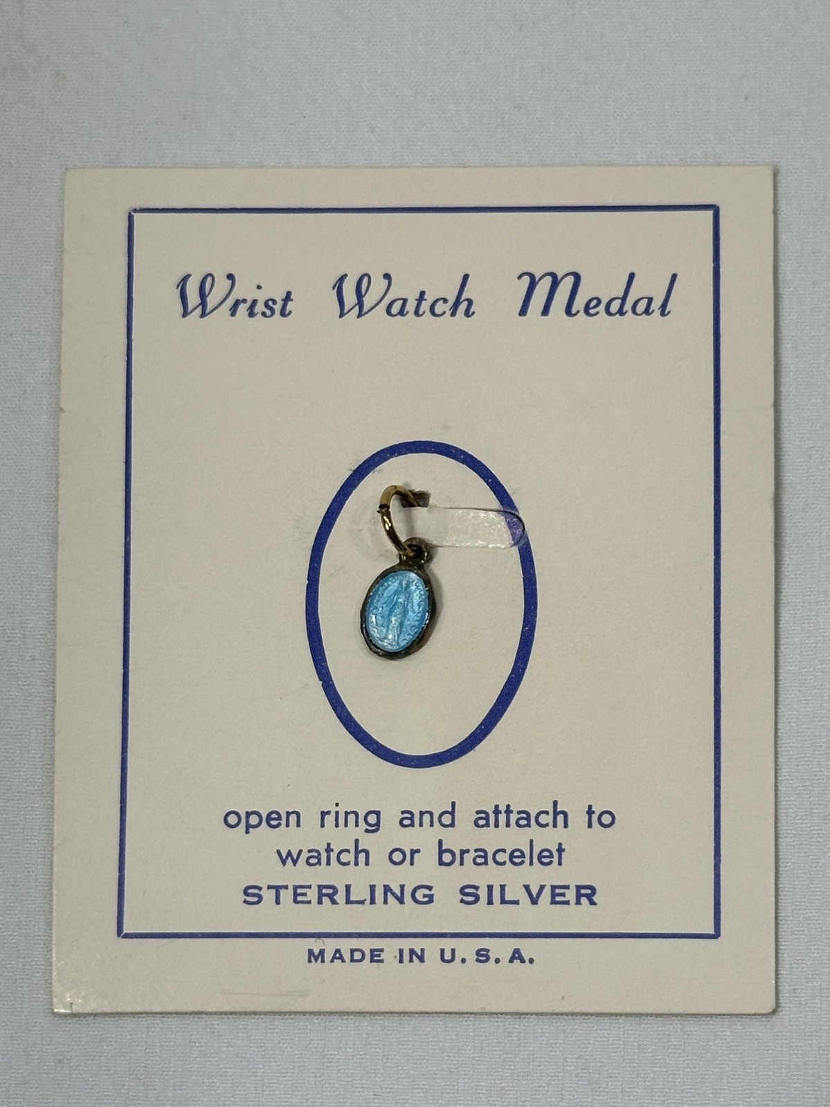 Vintage Sterling Silver Blue-Enamel Virgin Mary Wrist Watch Medal Charm - NOS