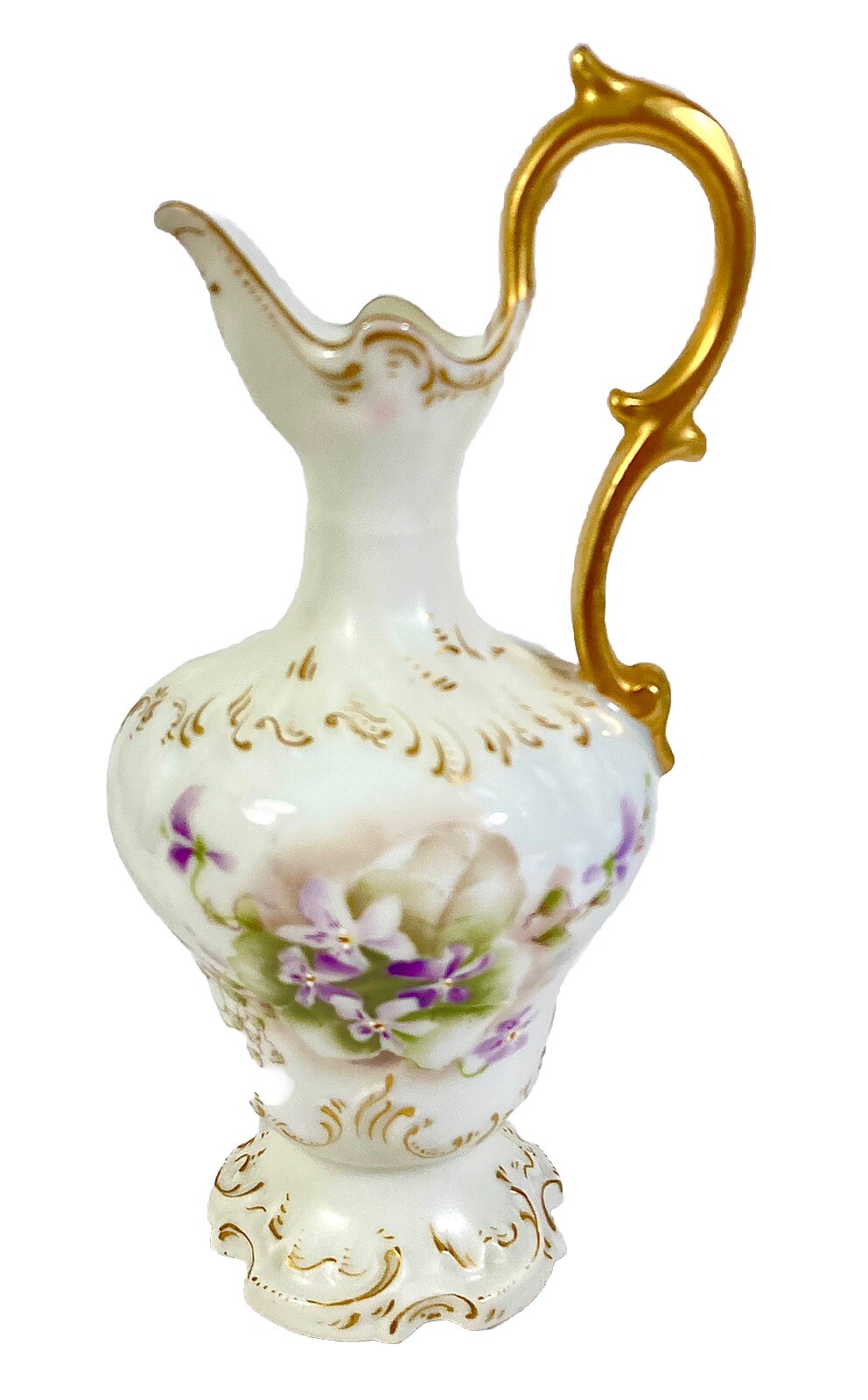 Antique D&C France Porcelain Hand Painted Gold Floral Pitcher Ewer 6.5”