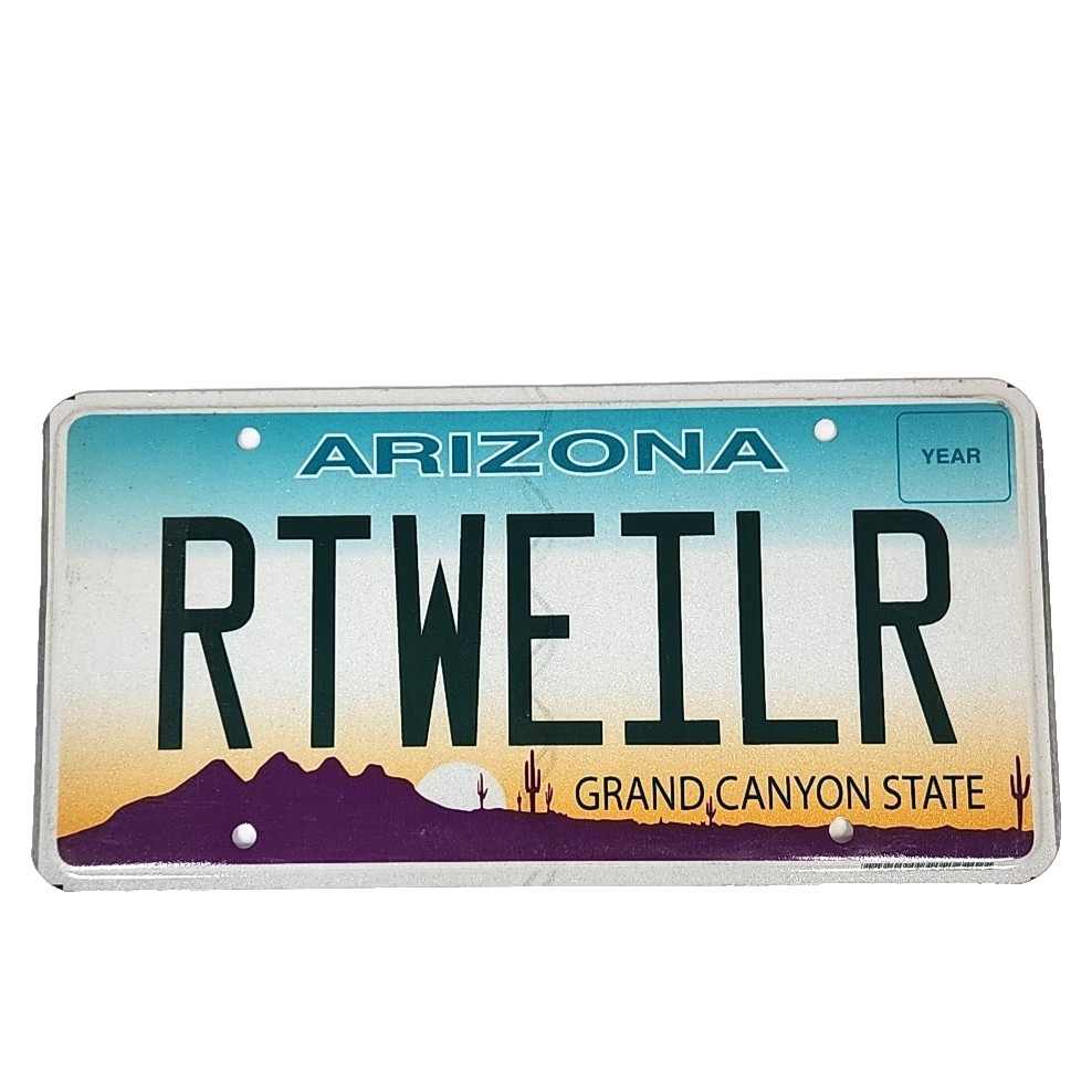 Vtg Arizona RTWEILR Metal License Plate Y2K Grand Canyon State Mountains Cactus